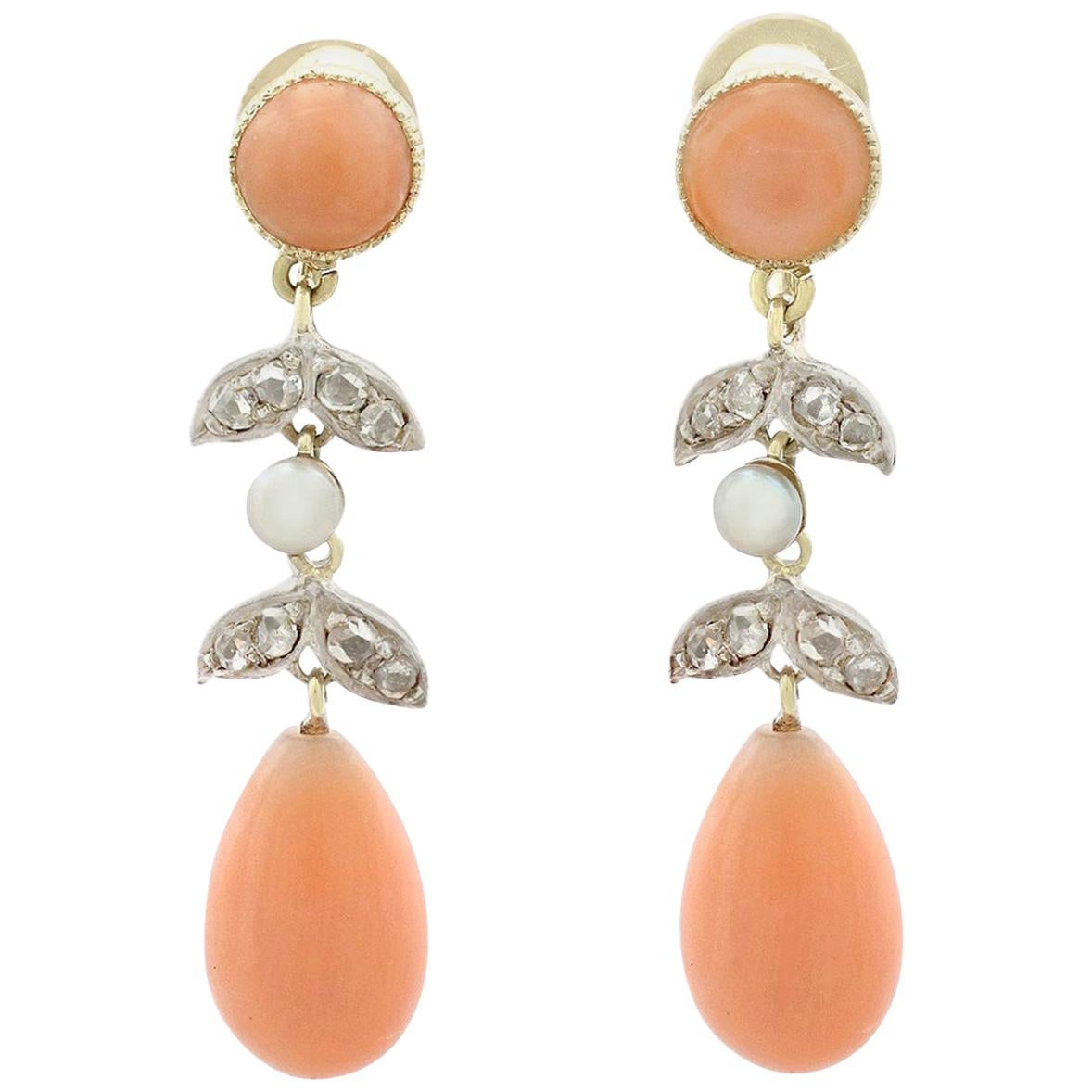 Antique Victorian Diamond, Pink Coral Seed Pearl and Yellow Gold Drop Earrings