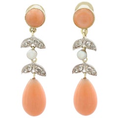 Antique Victorian Diamond, Pink Coral Seed Pearl and Yellow Gold Drop Earrings