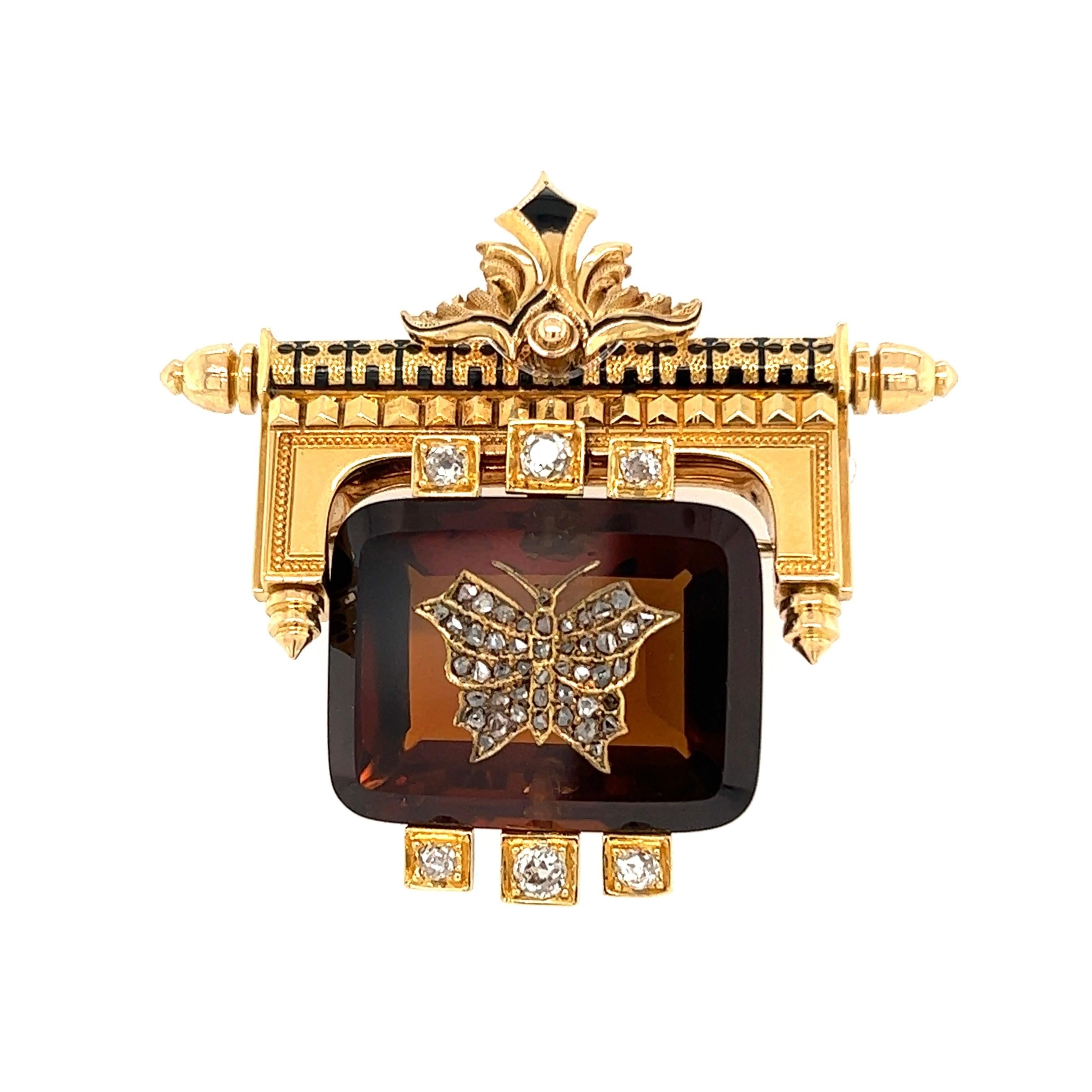Simply Beautiful! Finely detailed High Quality Antique Diamond, Quartz and Enamel Articulated Gold Brooch. Beautifully Hand crafted rectangular Quartz featuring a Diamond Butterfly Design. Enhanced with Hand set Diamonds approx. 0.40tcw total Carat