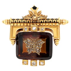 Antique Victorian Diamond Quartz and Enamel Brooch Pin Estate Fine Jewelry