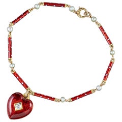 Antique Victorian Diamond Red Enamel Boxed Heart Charm Bracelet, circa 1900