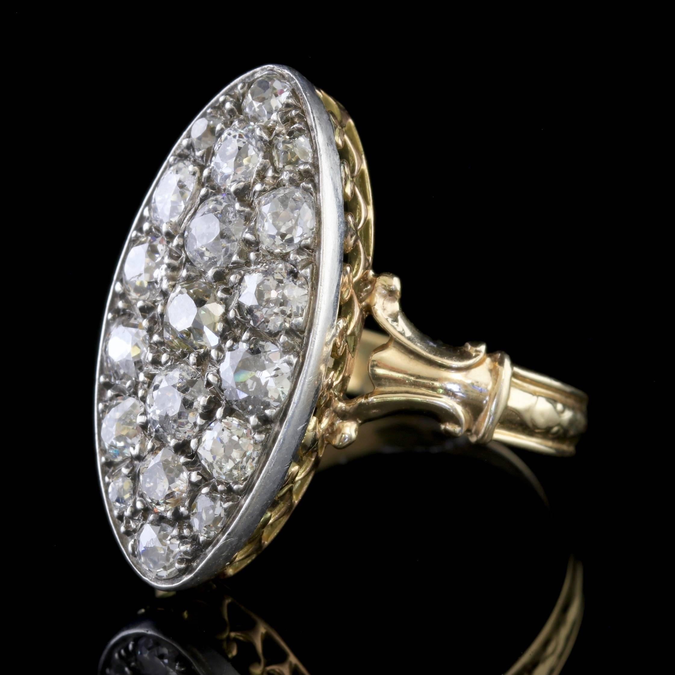 This magnificent antique marquise Diamond ring is Victorian Circa 1880. 

The ring is set with over 3ct of glistening old cushion cut Diamonds in a marquise shape. 

Diamond is the hardest mineral on Earth and this combined with its exceptional
