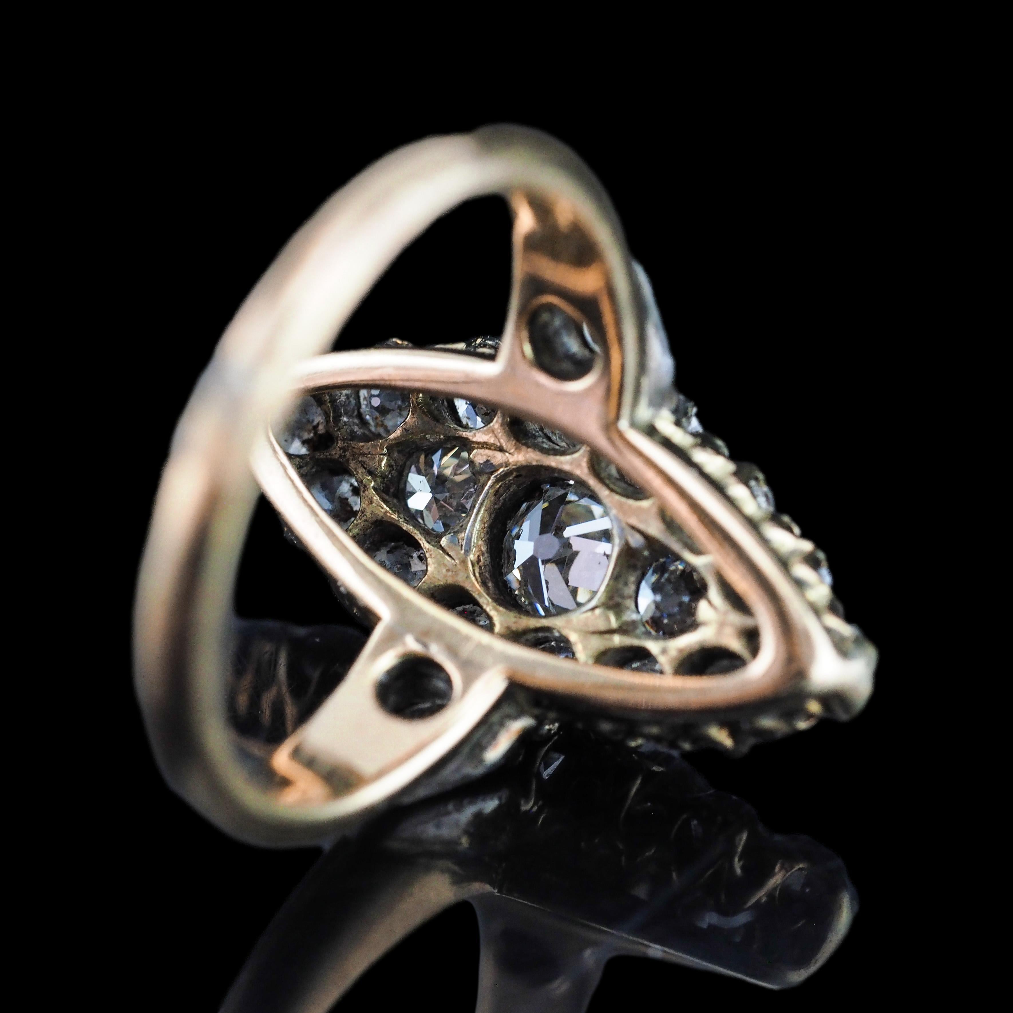 Bague victorienne ancienne à motif navette, plus de 1 carat au total, vers 1890 en vente 7