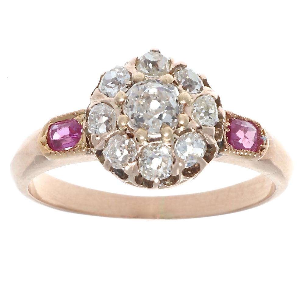 Old European Cut Antique Victorian Diamond Ruby 14 Karat Rose Gold Cluster Ring