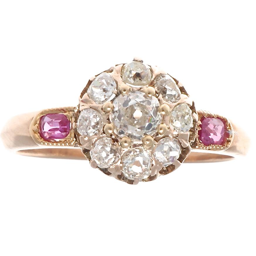 Antique Victorian Diamond Ruby 14 Karat Rose Gold Cluster Ring In Excellent Condition In Beverly Hills, CA