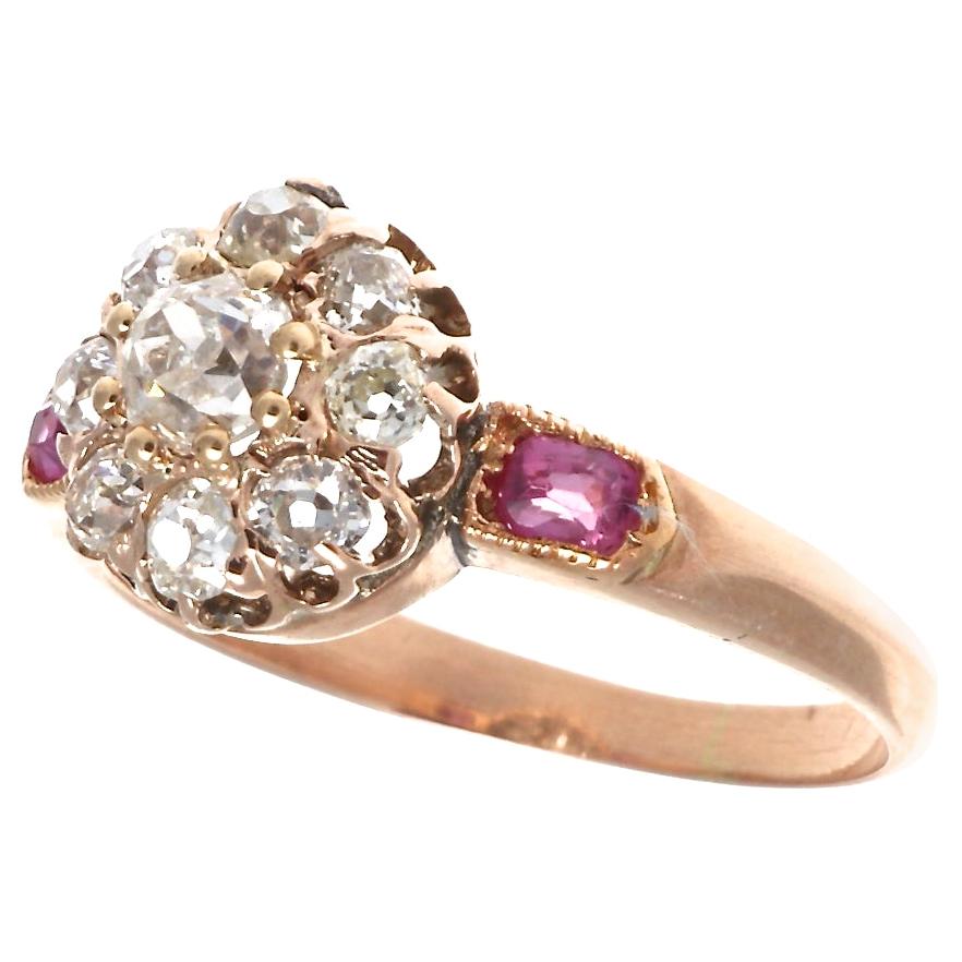 Antique Victorian Diamond Ruby 14 Karat Rose Gold Cluster Ring
