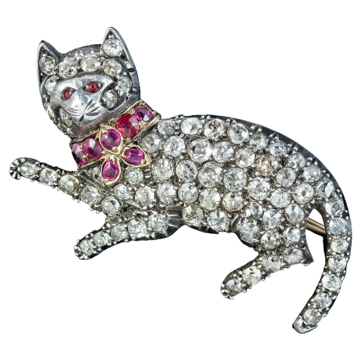 Antique Victorian Diamond Ruby Cat Brooch 5.5ct of Diamond