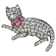 Antique Victorian Diamond Ruby Cat Brooch 5.5ct of Diamond