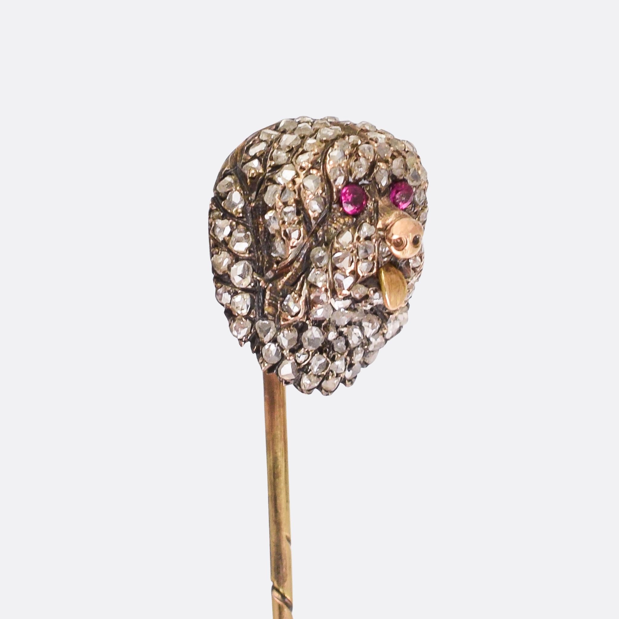 An incredible antique stick pin... modelled as a Tibetan Mastiff, fully set with rose cut diamonds and with ruby eyes. The craftsmanship is exceptional; the face protrudes in high relief, with stunning detail and diamonds set everywhere, even under