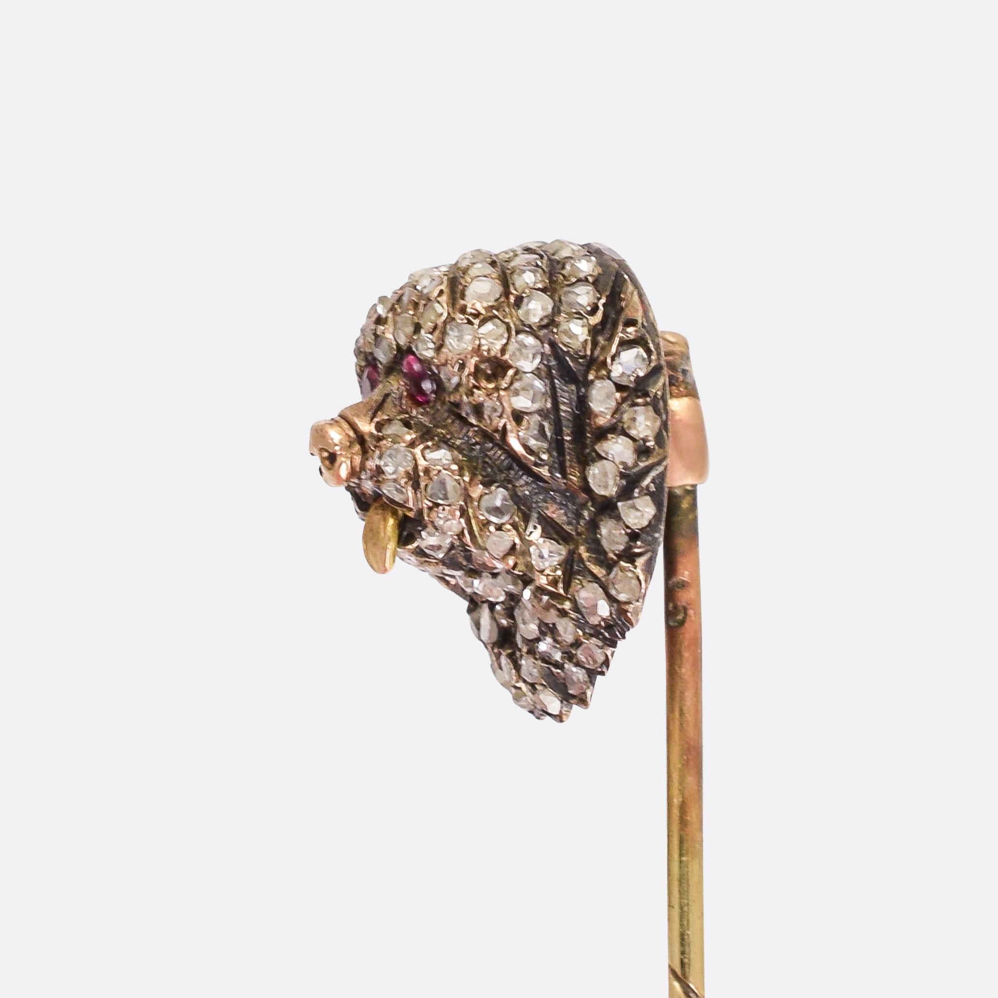 Antique Victorian Diamond Ruby Tibetan Mastiff Stick Pin In Good Condition In Sale, Cheshire