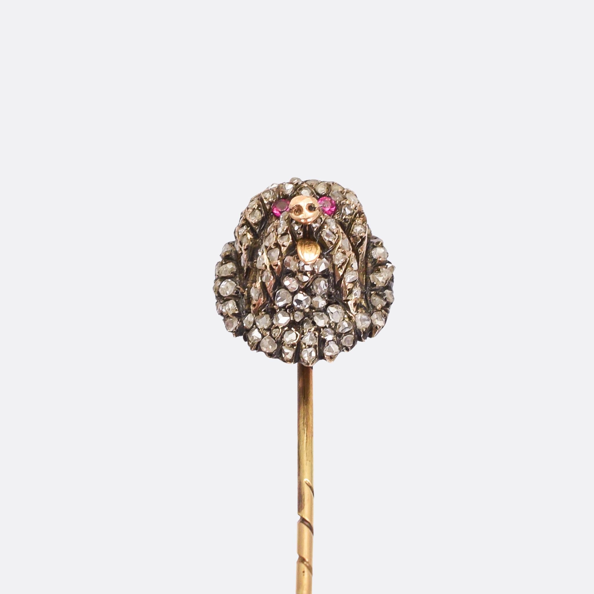 Women's or Men's Antique Victorian Diamond Ruby Tibetan Mastiff Stick Pin