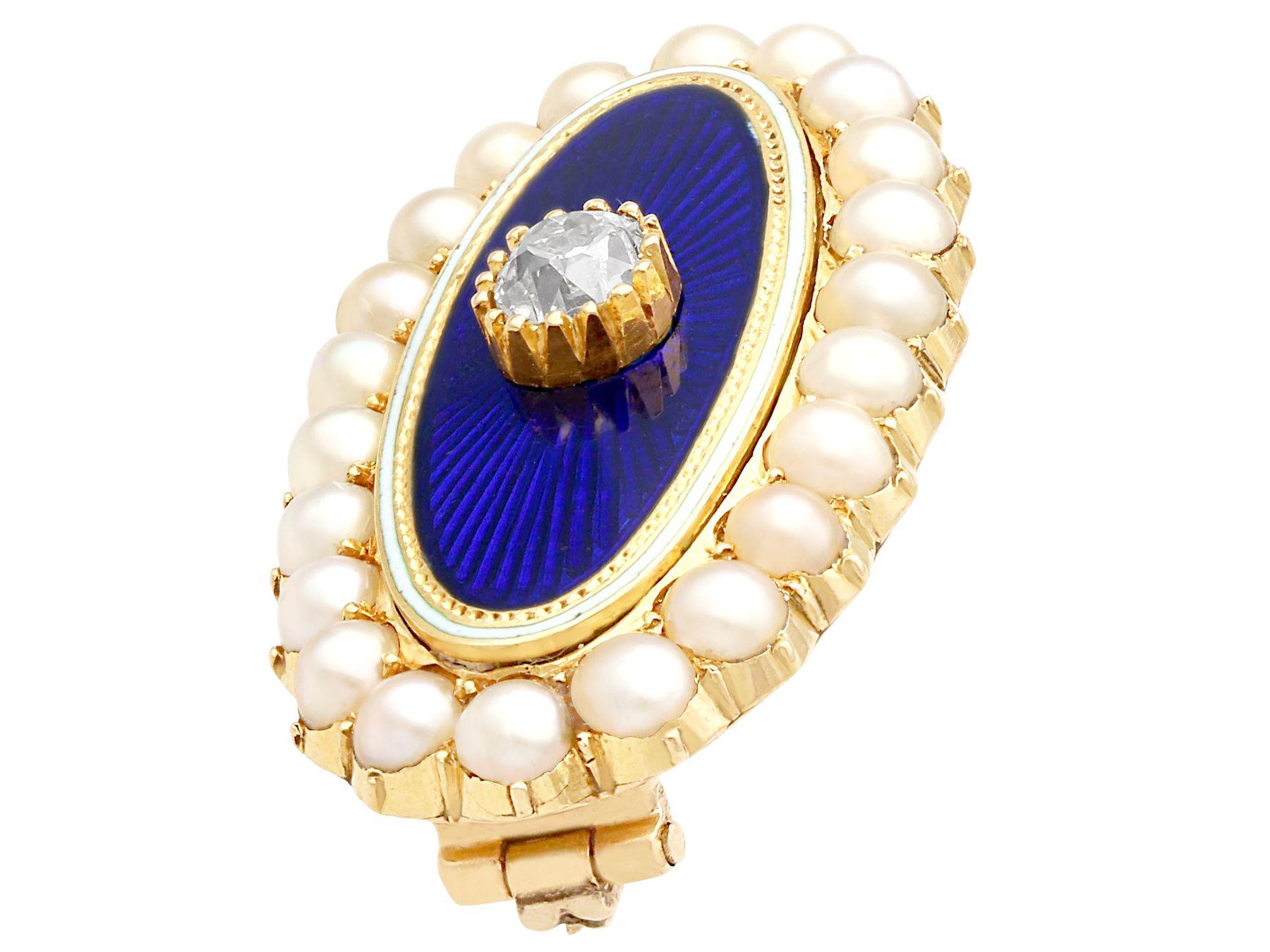 Taille vieille Europe Broche victorienne en or jaune avec diamant, perle de rocaille et émail en vente