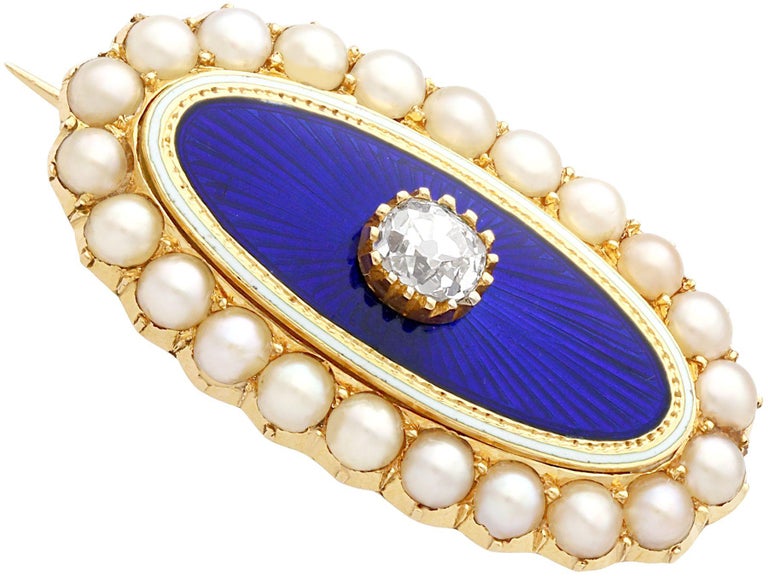 Women's or Men's Antique Victorian Diamond Seed Pearl Enamel Yellow Gold Brooch For Sale