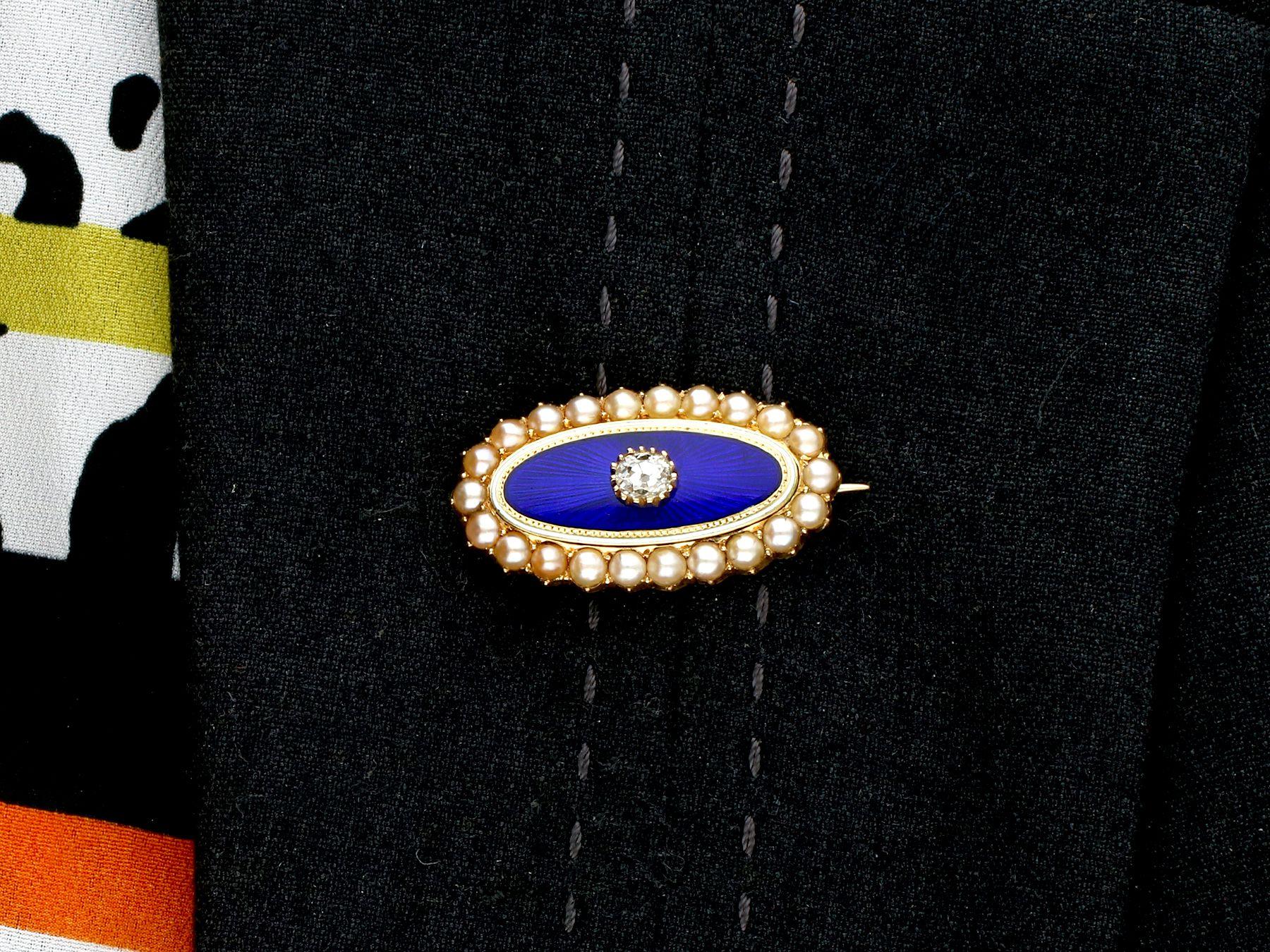 Victorian Diamond Seed Pearl Enamel Yellow Gold Brooch For Sale 3