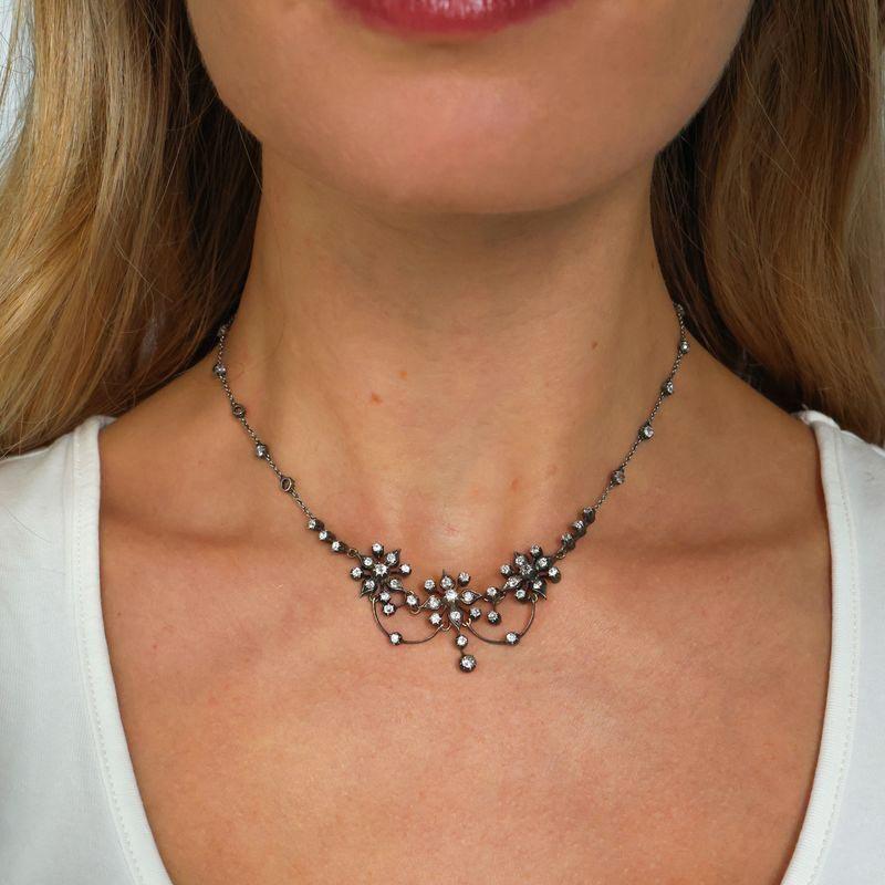 Old Mine Cut Antique Victorian Diamond, Silver and Gold Flower Necklace, Circa 1890 For Sale
