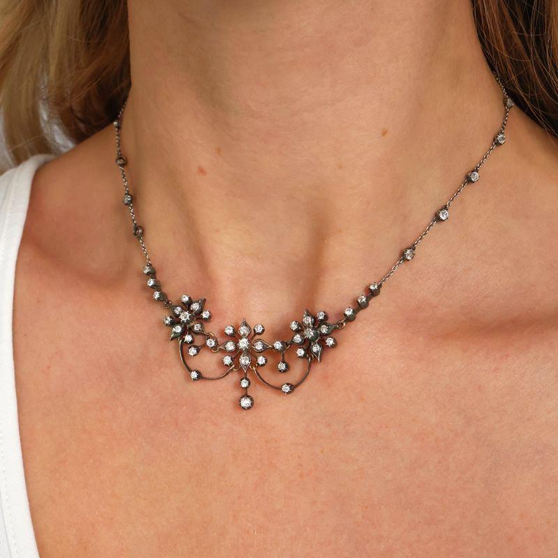 Women's Antique Victorian Diamond, Silver and Gold Flower Necklace, Circa 1890 For Sale