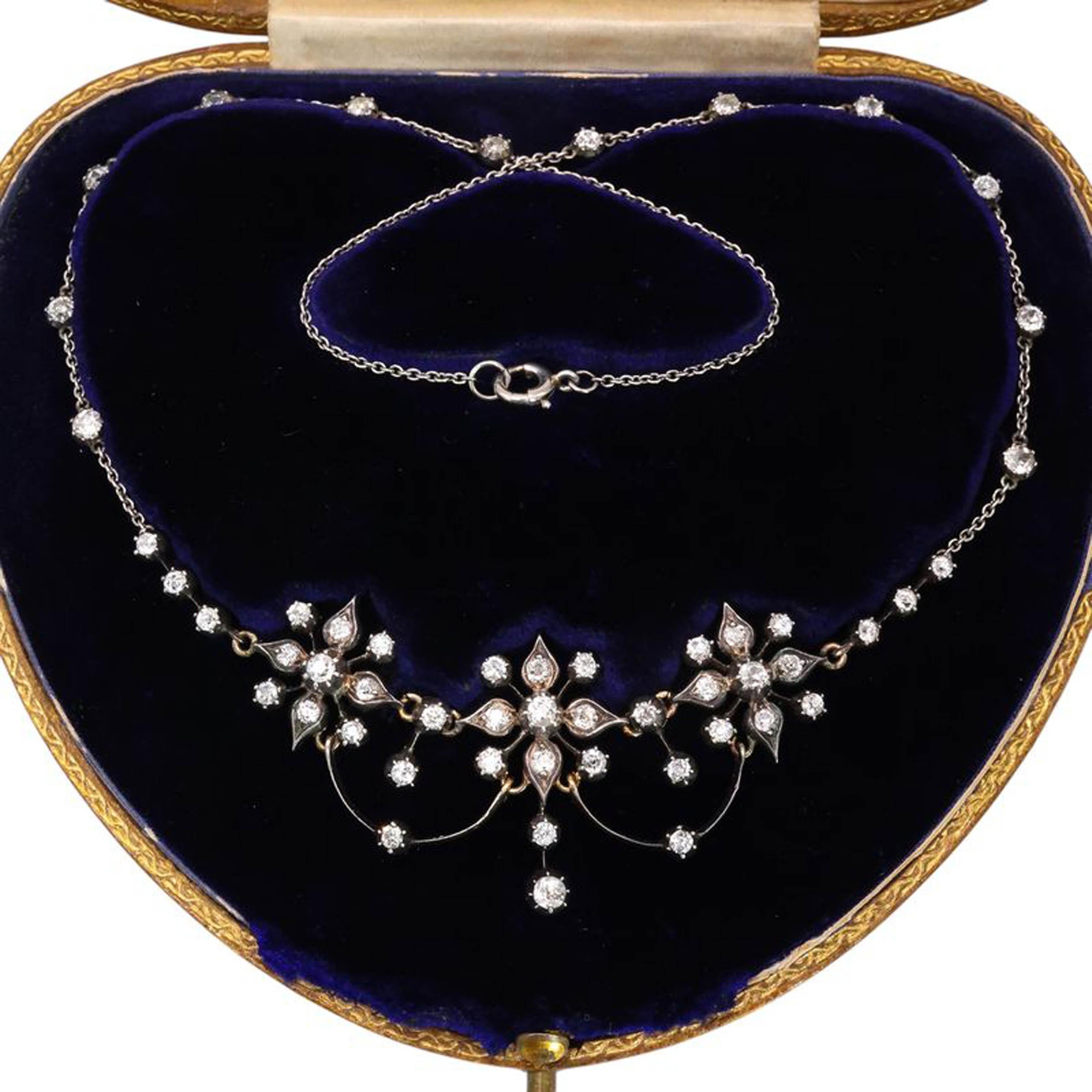 Antique Victorian Diamond, Silver and Gold Flower Necklace, Circa 1890 For Sale 2