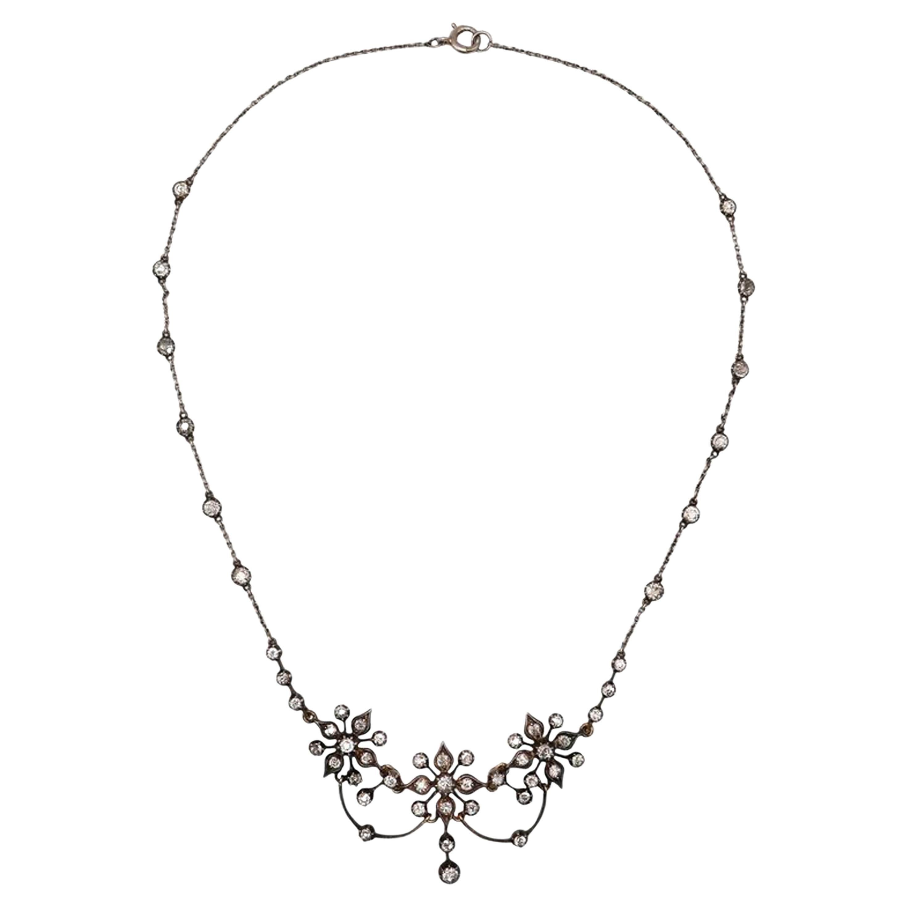 Antique Victorian Diamond, Silver and Gold Flower Necklace, Circa 1890 For Sale