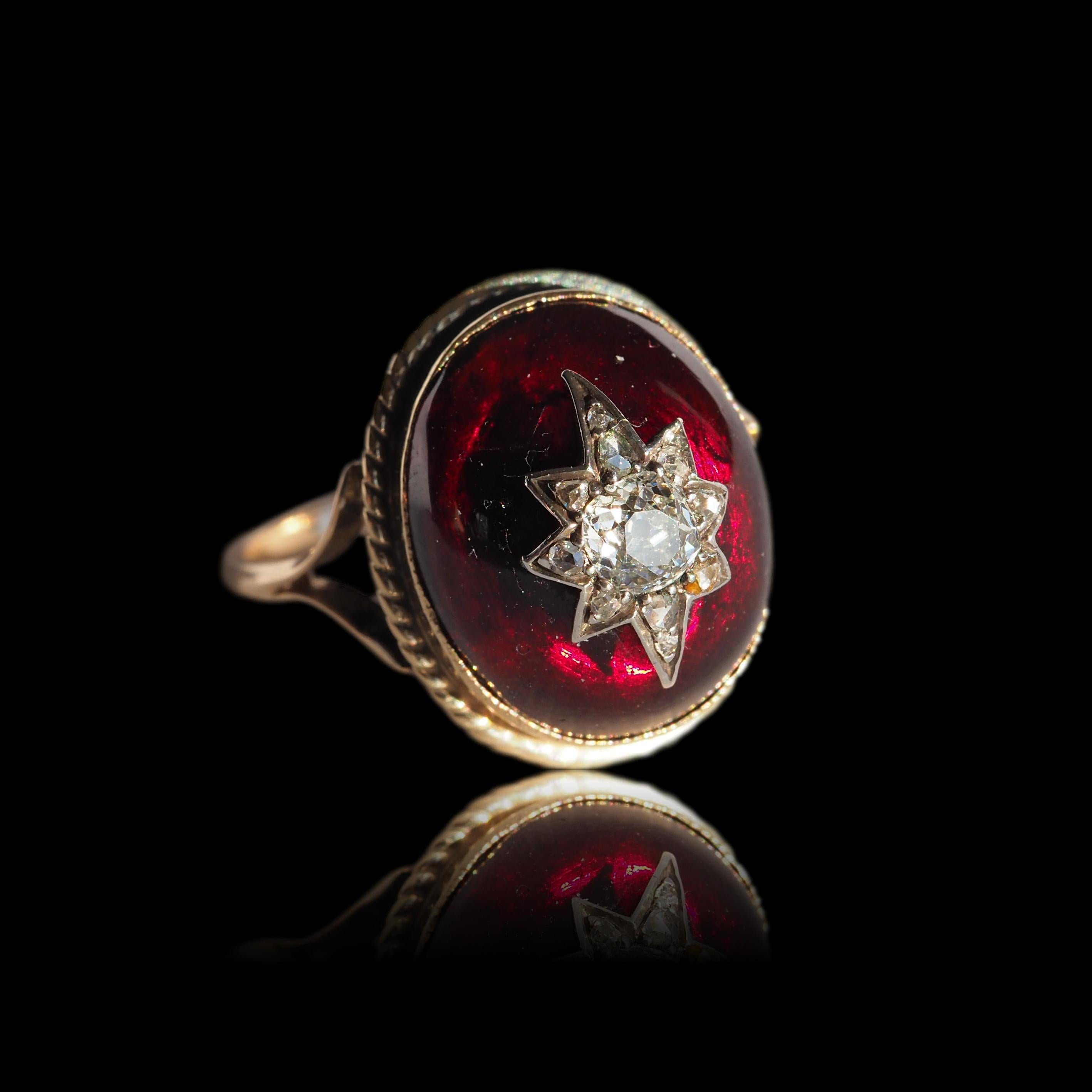 Antique Victorian Diamond Star Garnet Cabochon Ring 14K Gold - c.1880 7