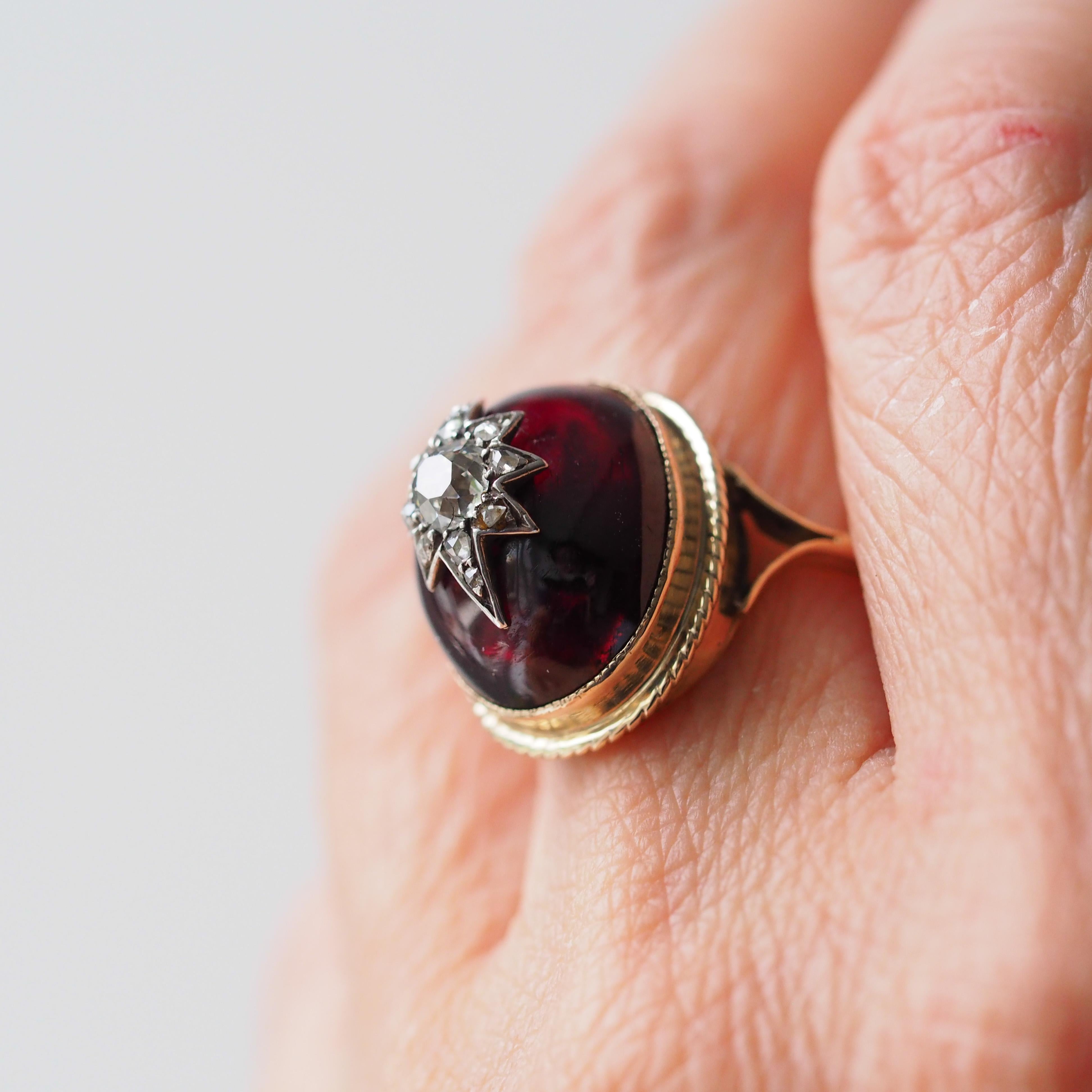Antique Victorian Diamond Star Garnet Cabochon Ring 14K Gold - c.1880 8