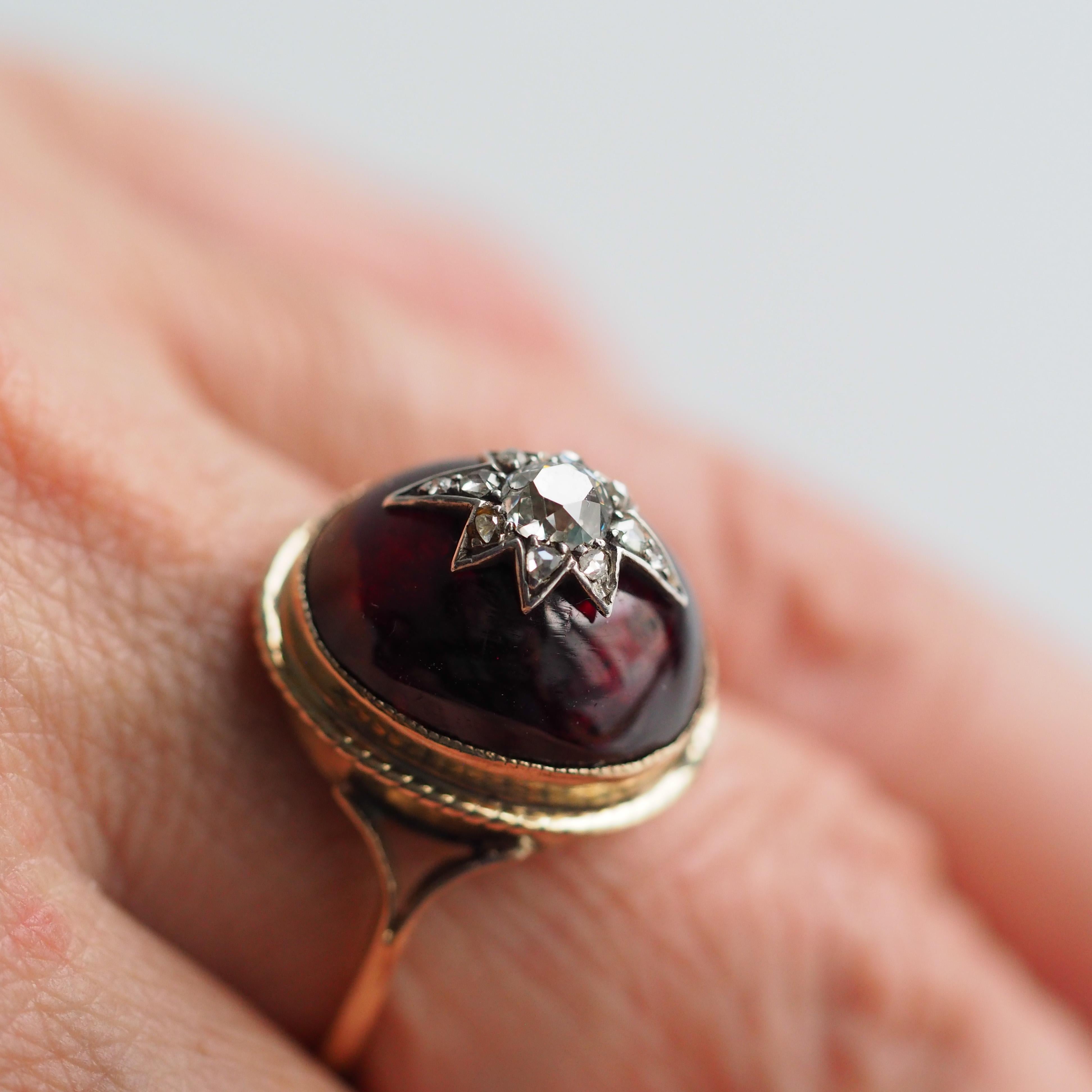 Antique Victorian Diamond Star Garnet Cabochon Ring 14K Gold - c.1880 10