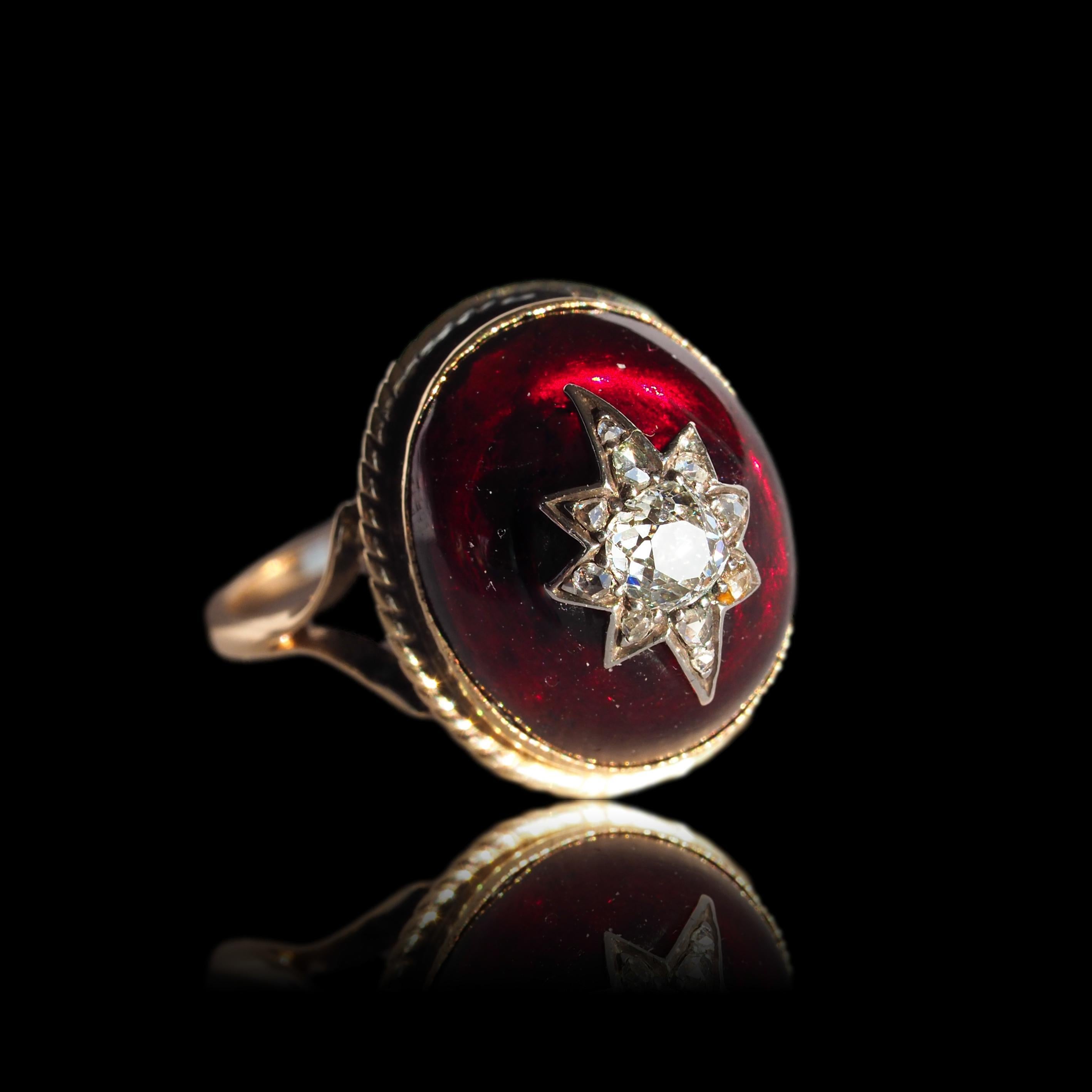 Antique Victorian Diamond Star Garnet Cabochon Ring 14K Gold - c.1880 11