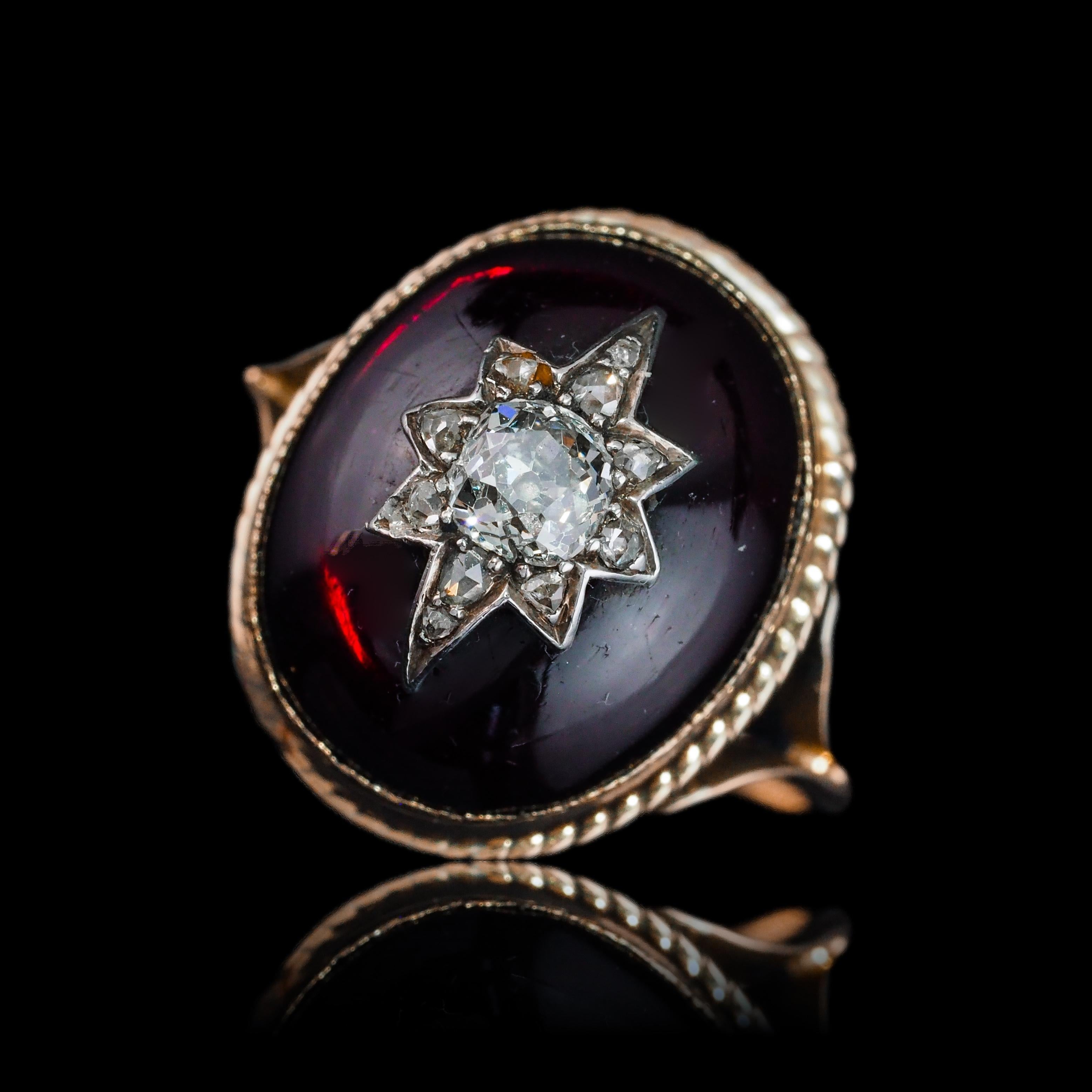 Antique Victorian Diamond Star Garnet Cabochon Ring 14K Gold - c.1880 12