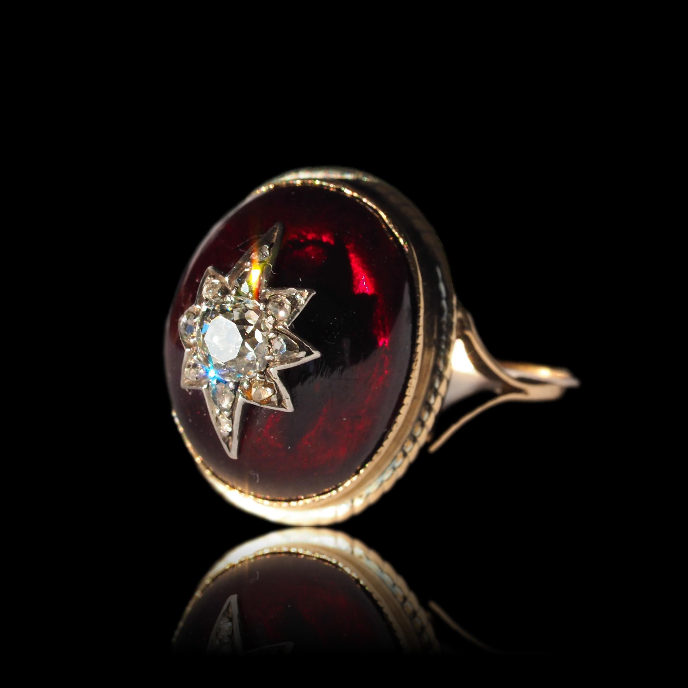 Antique Victorian Diamond Star Garnet Cabochon Ring 14K Gold - c.1880 13