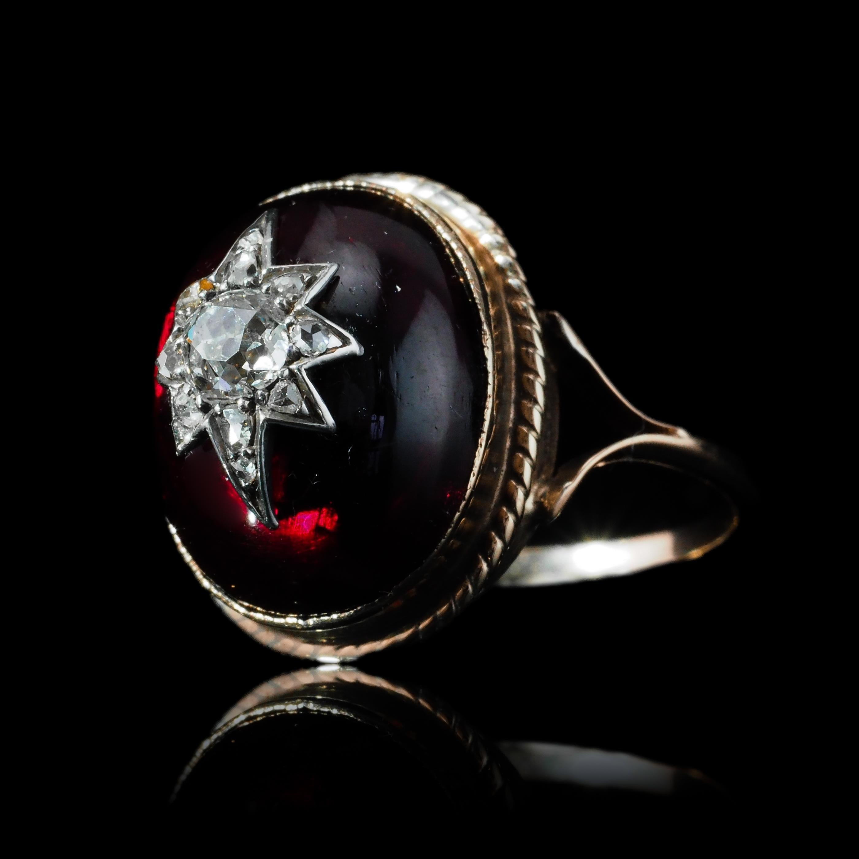 Antique Victorian Diamond Star Garnet Cabochon Ring 14K Gold - c.1880 14