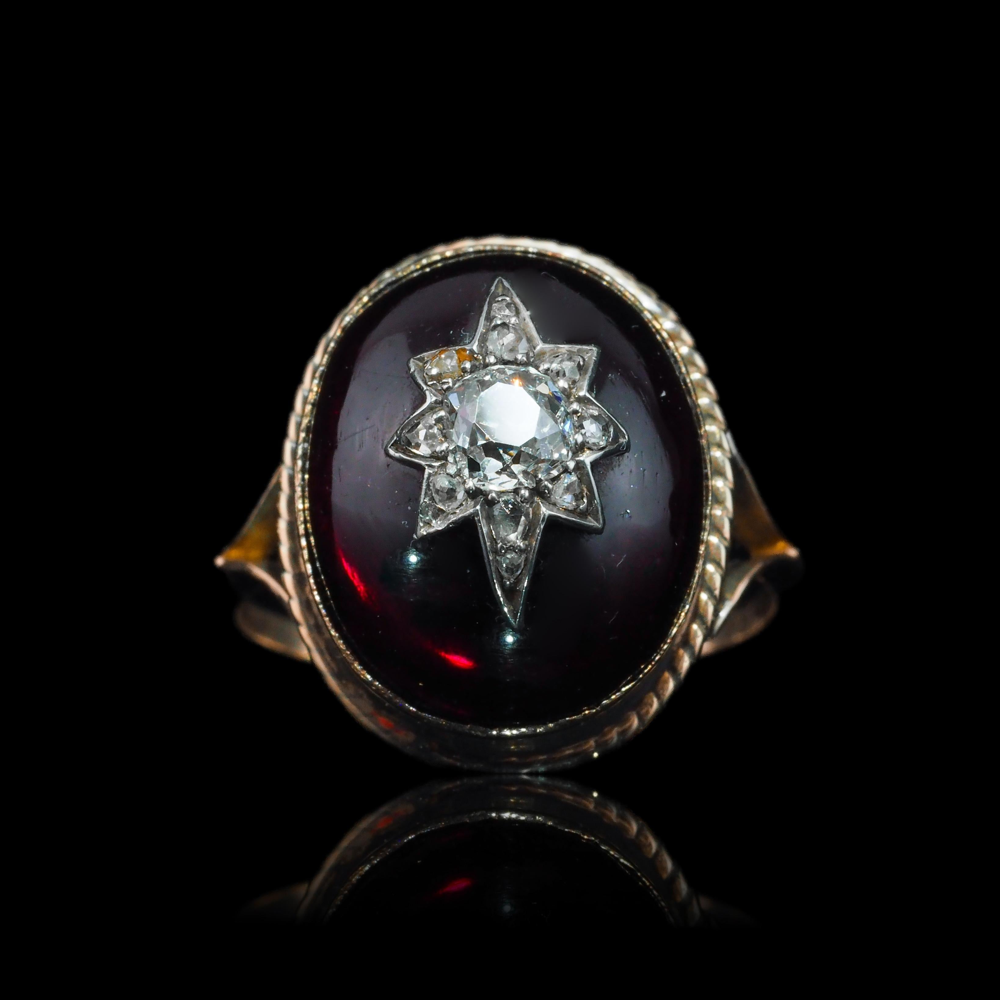Antique Victorian Diamond Star Garnet Cabochon Ring 14K Gold - c.1880 15