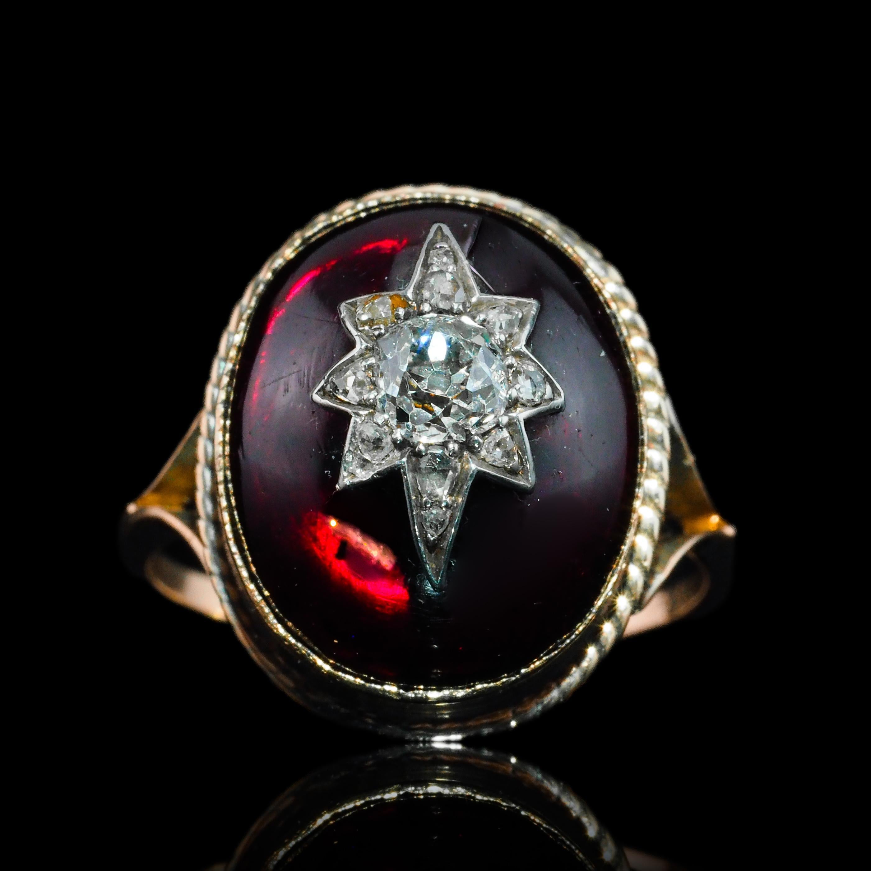 Antique Victorian Diamond Star Garnet Cabochon Ring 14K Gold - c.1880 16