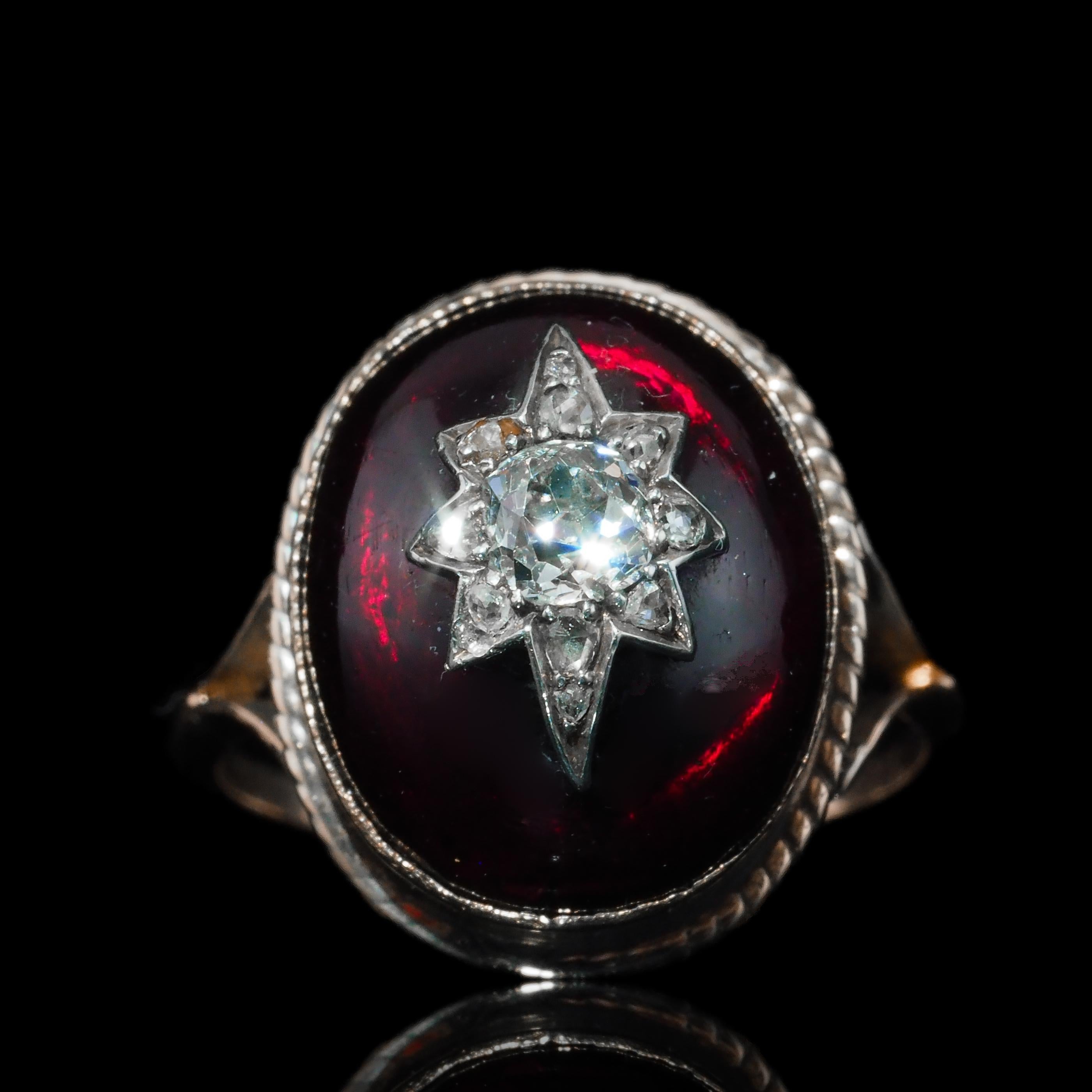 Antique Victorian Diamond Star Garnet Cabochon Ring 14K Gold - c.1880 In Good Condition In London, GB