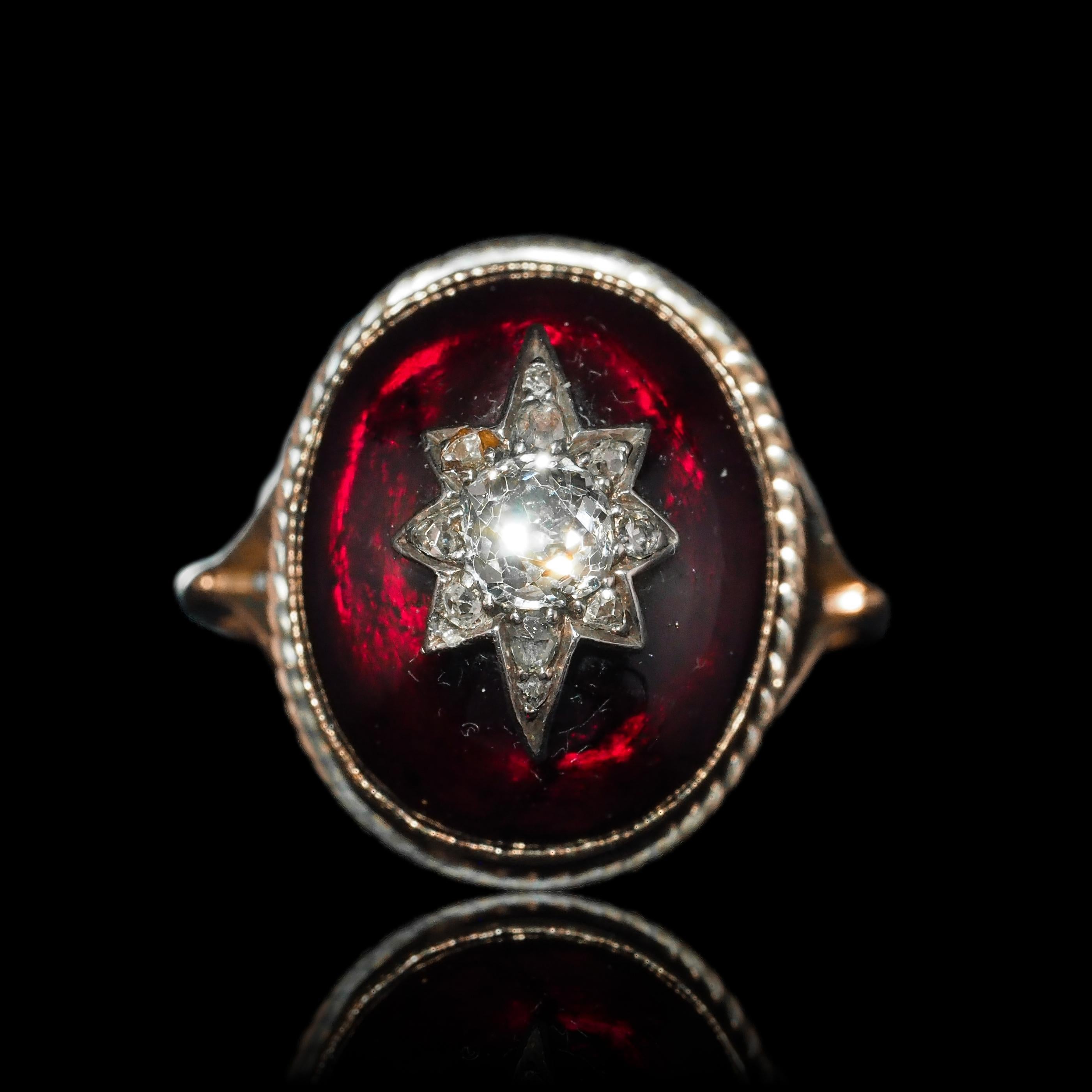 Women's Antique Victorian Diamond Star Garnet Cabochon Ring 14K Gold - c.1880