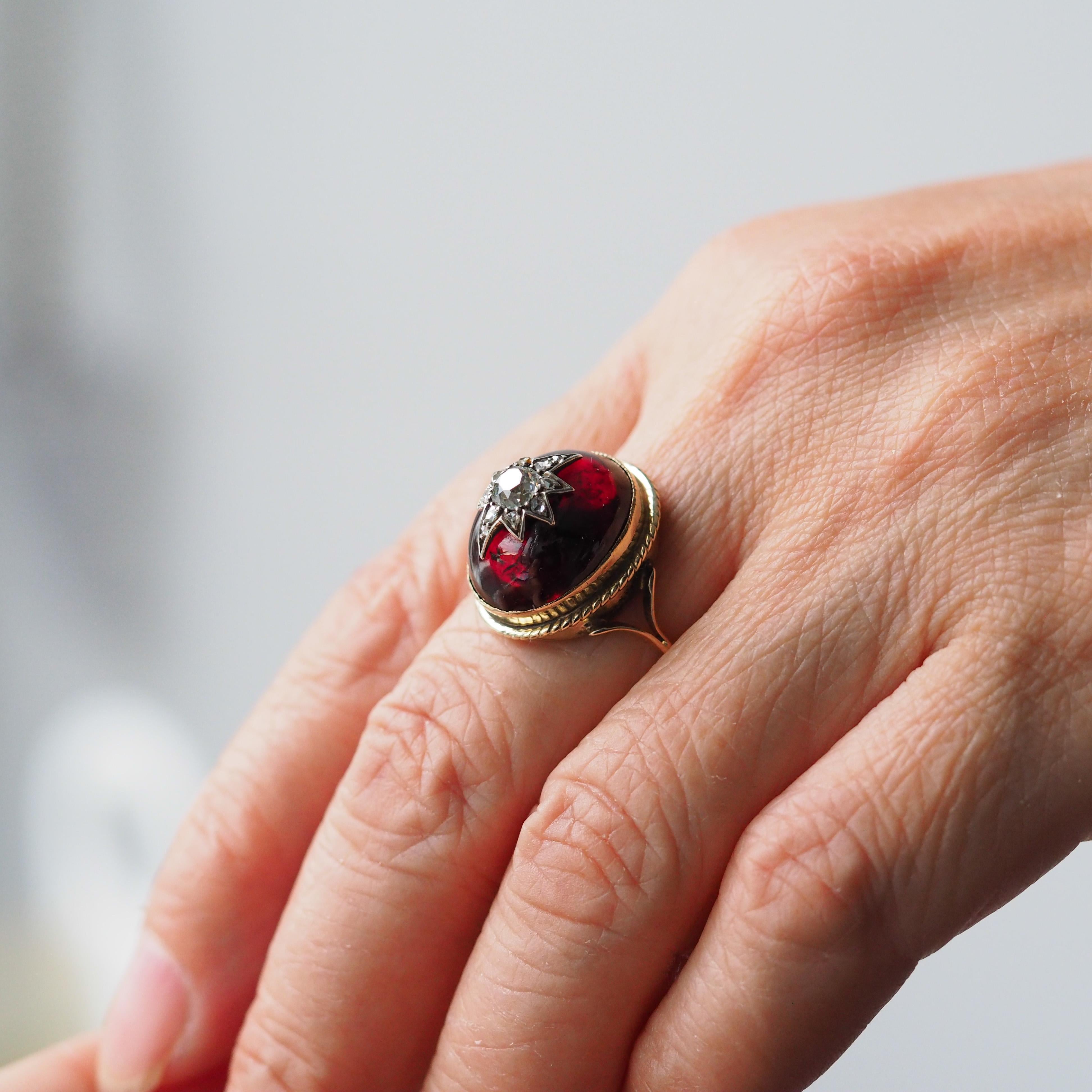 Antique Victorian Diamond Star Garnet Cabochon Ring 14K Gold - c.1880 3