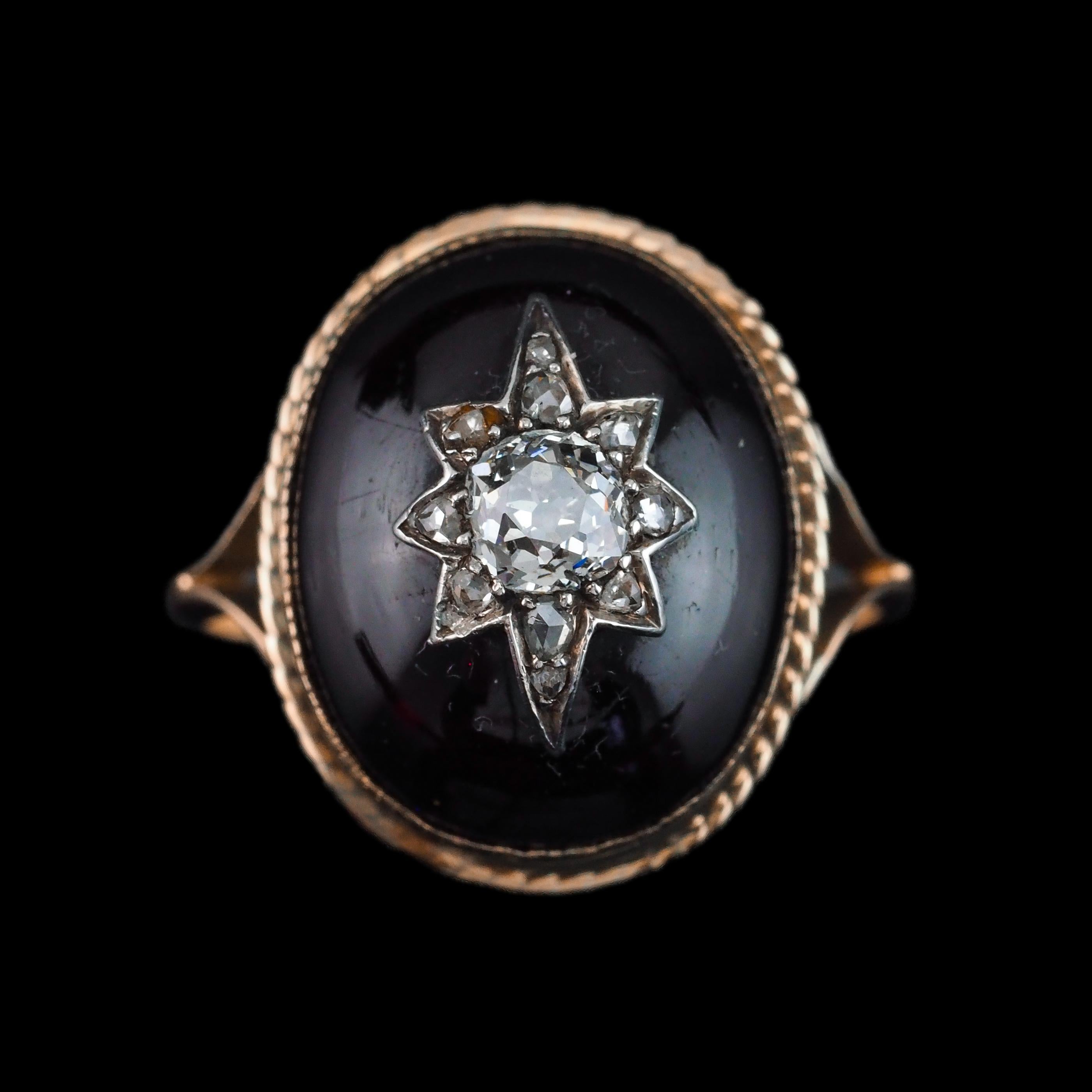 Antique Victorian Diamond Star Garnet Cabochon Ring 14K Gold - c.1880 4