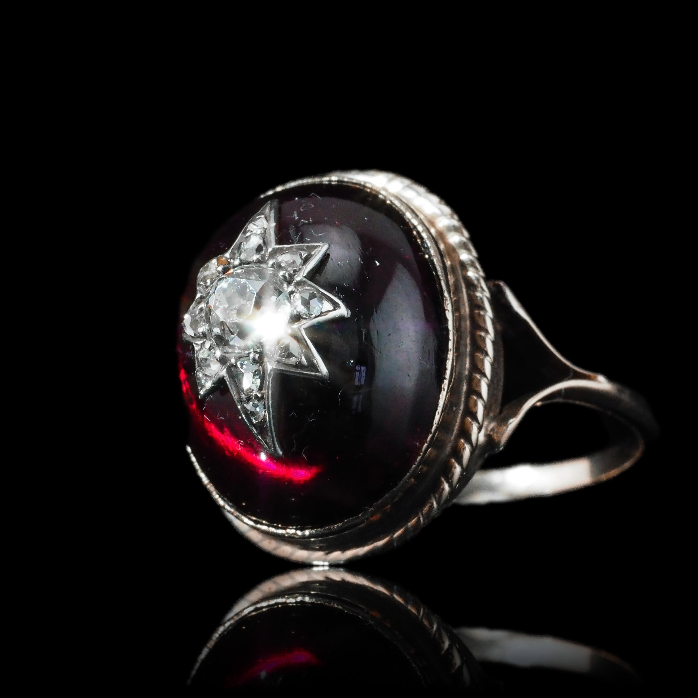 Antique Victorian Diamond Star Garnet Cabochon Ring 14K Gold - c.1880 5