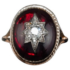 Antique Victorian Diamond Star Garnet Cabochon Ring 14K Gold - c.1880