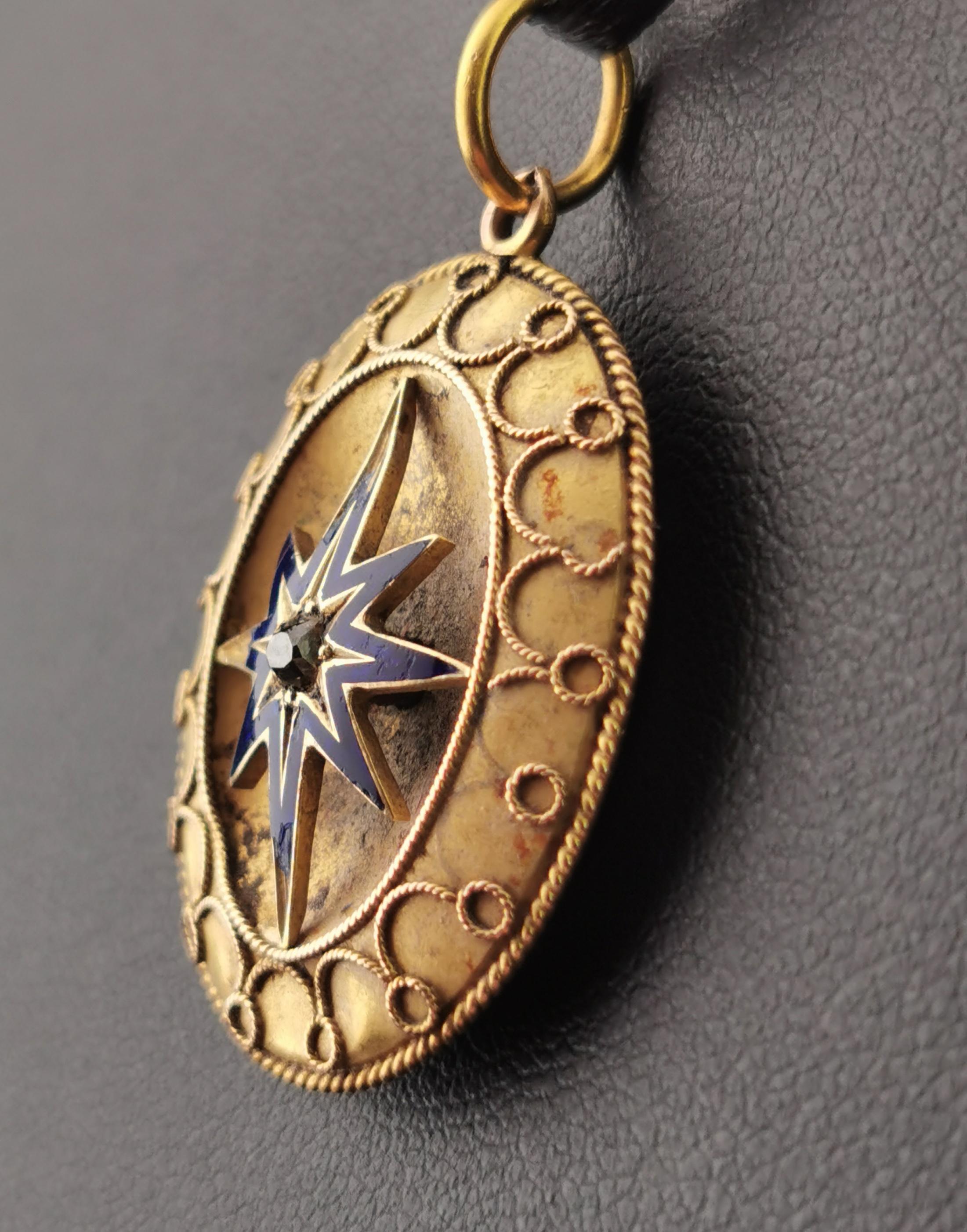 Antique Victorian Diamond Star Pendant, Blue Enamel, 9 Karat Yellow Gold 4