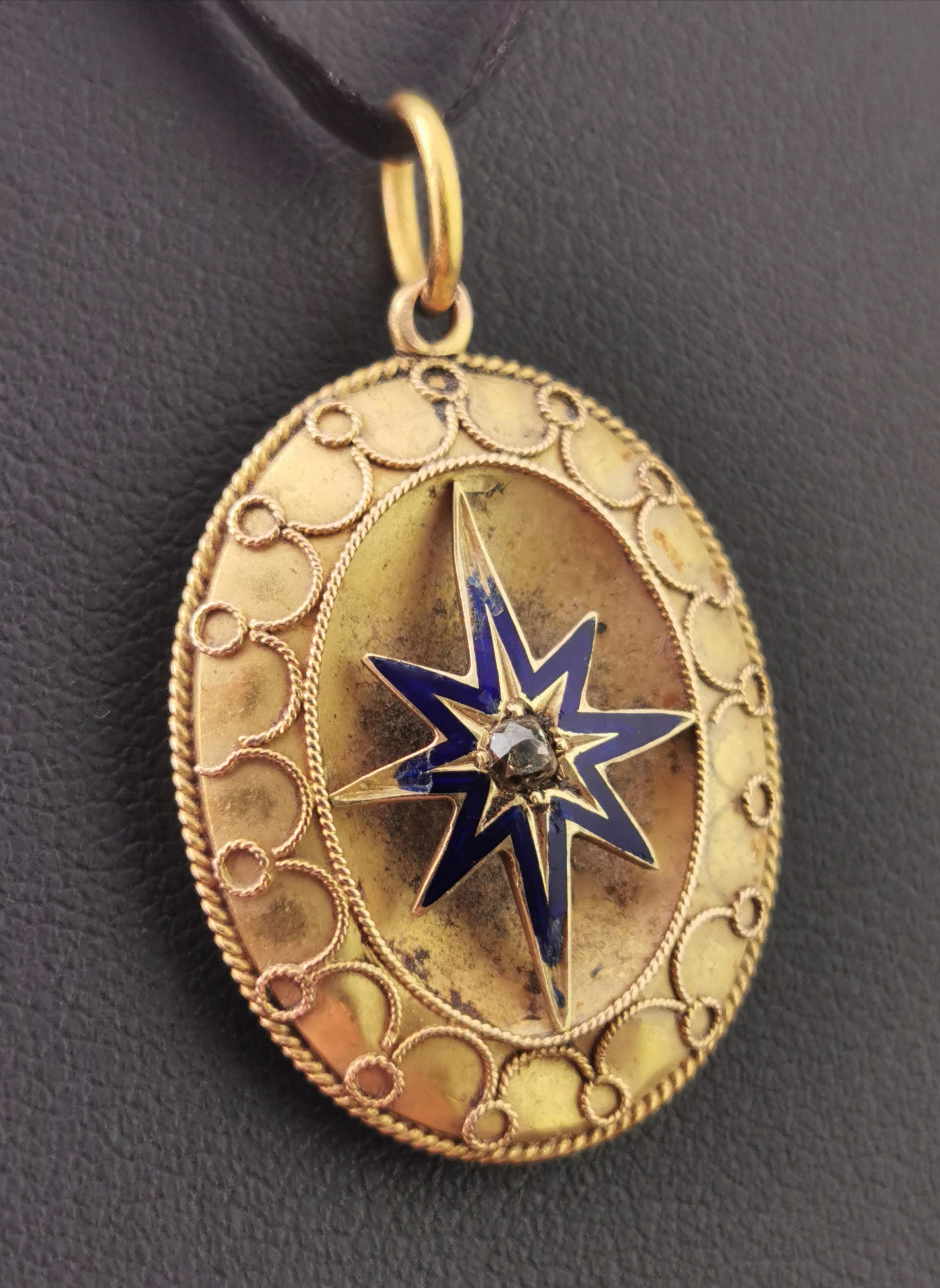 A beautiful antique Victorian 9 karat yellow gold and blue enamel star pendant.

Made from bloomed 9 karat gold it has the rich appearance of high carat gold, it has a cobalt blue enamel star to the centre gypsy set with a single old rose cut