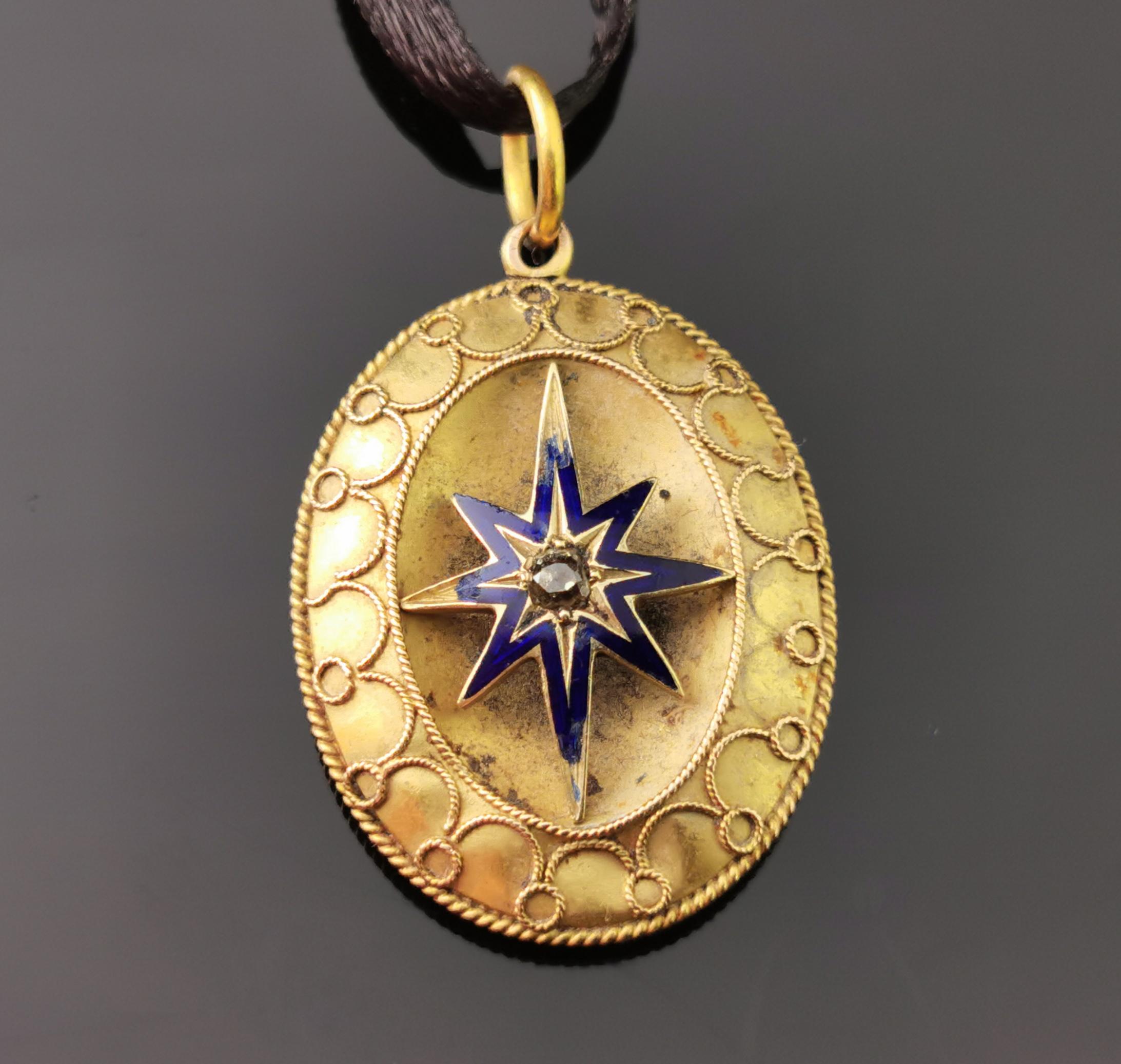 Rose Cut Antique Victorian Diamond Star Pendant, Blue Enamel, 9 Karat Yellow Gold
