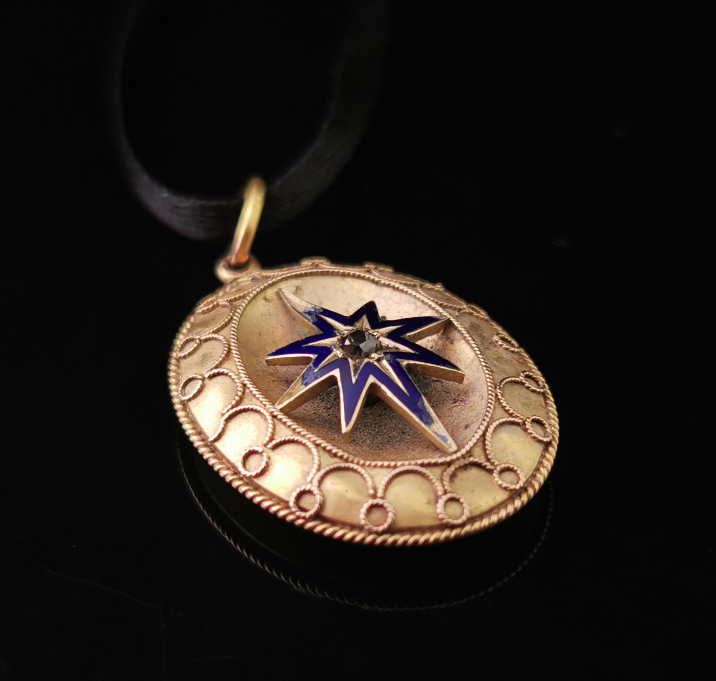 Women's or Men's Antique Victorian Diamond Star Pendant, Blue Enamel, 9 Karat Yellow Gold