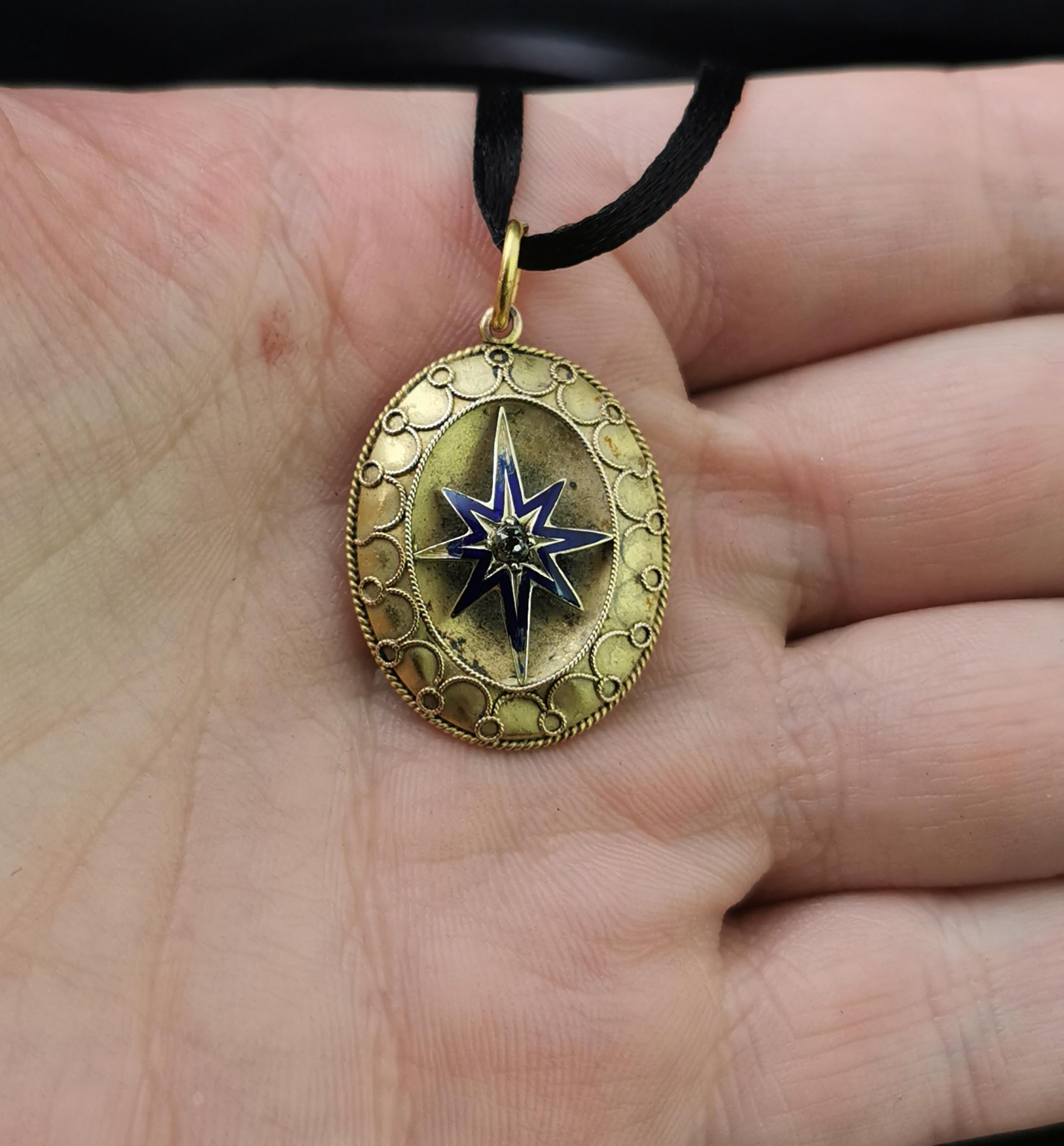 Antique Victorian Diamond Star Pendant, Blue Enamel, 9 Karat Yellow Gold 1
