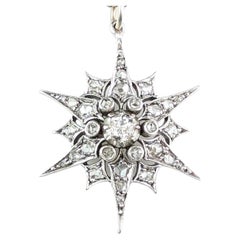 Antique Victorian Diamond Star Pendant, Silver on Gold, Necklace