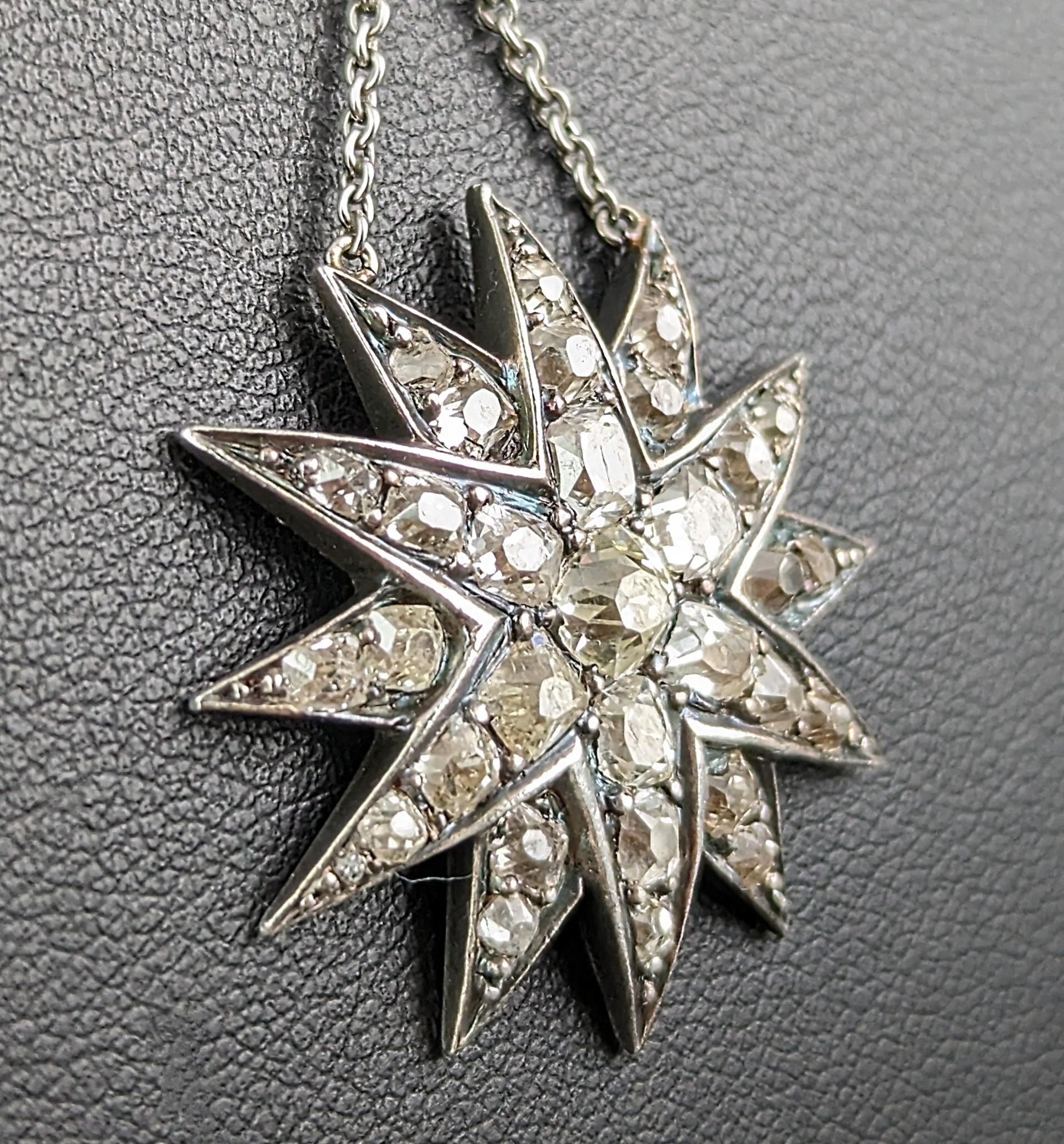 Antique Victorian Diamond star pendant, sterling silver necklace  For Sale 5