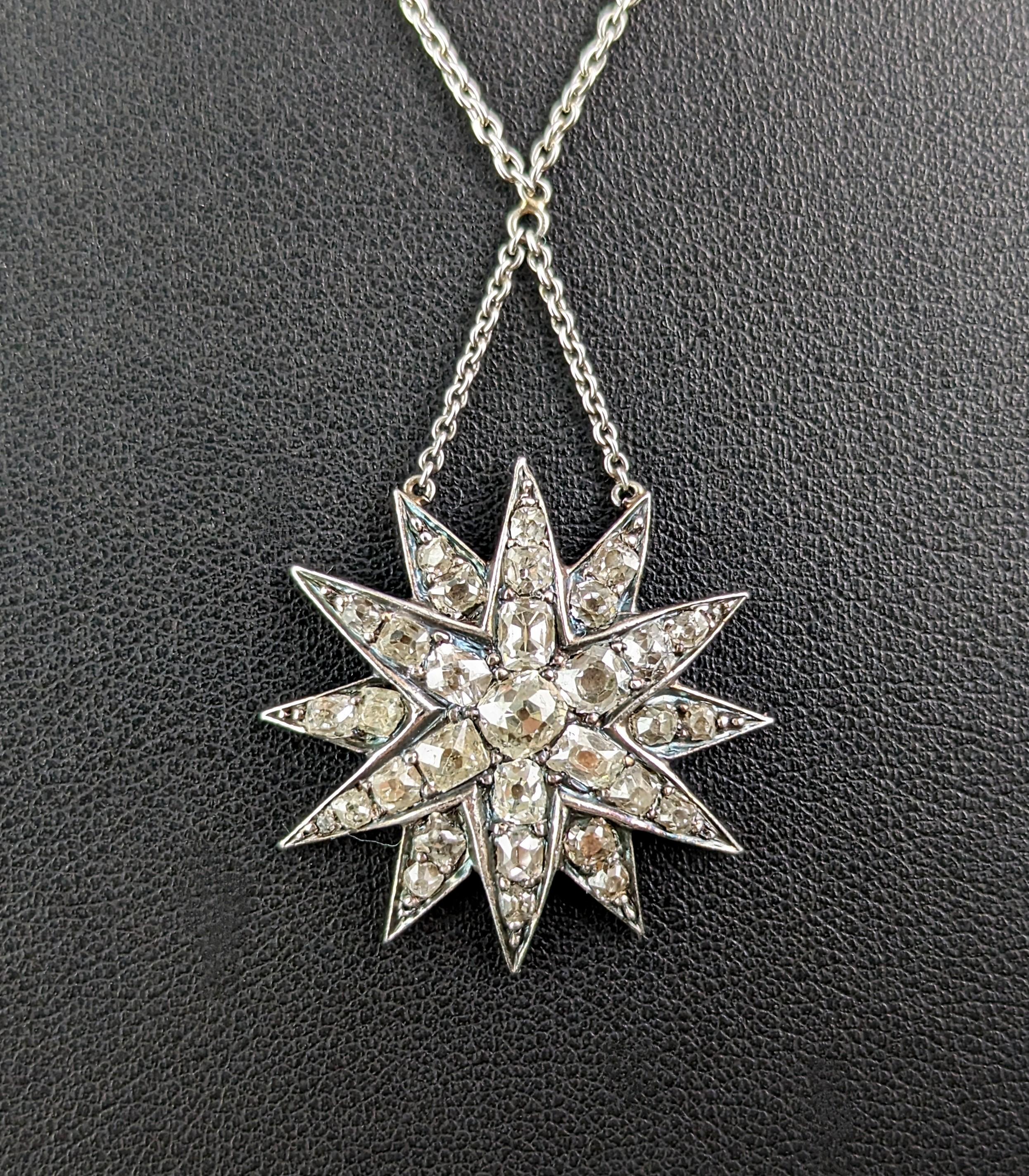 Antique Victorian Diamond star pendant, sterling silver necklace  For Sale 6