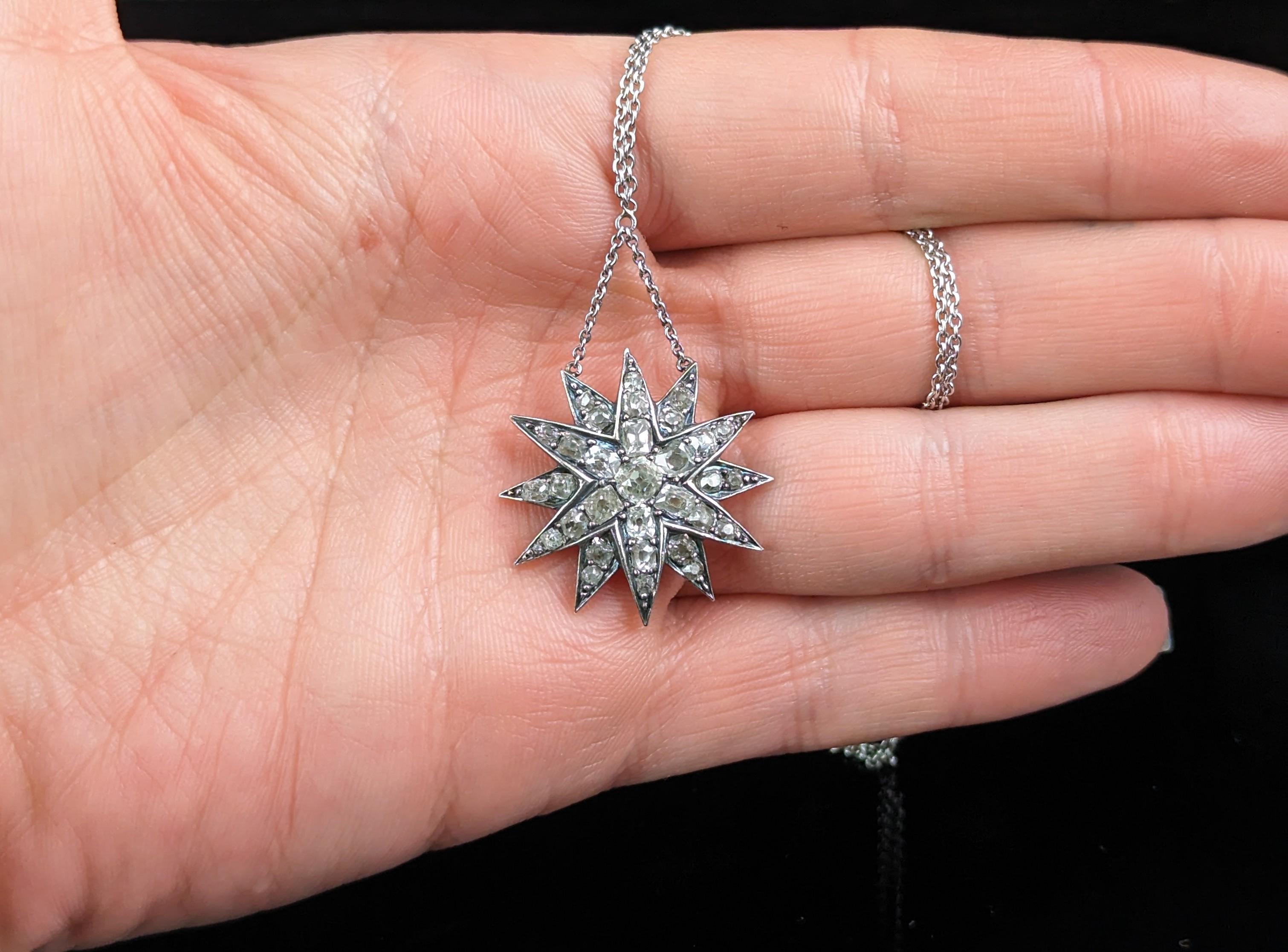 Antique Victorian Diamond star pendant, sterling silver necklace  For Sale 7
