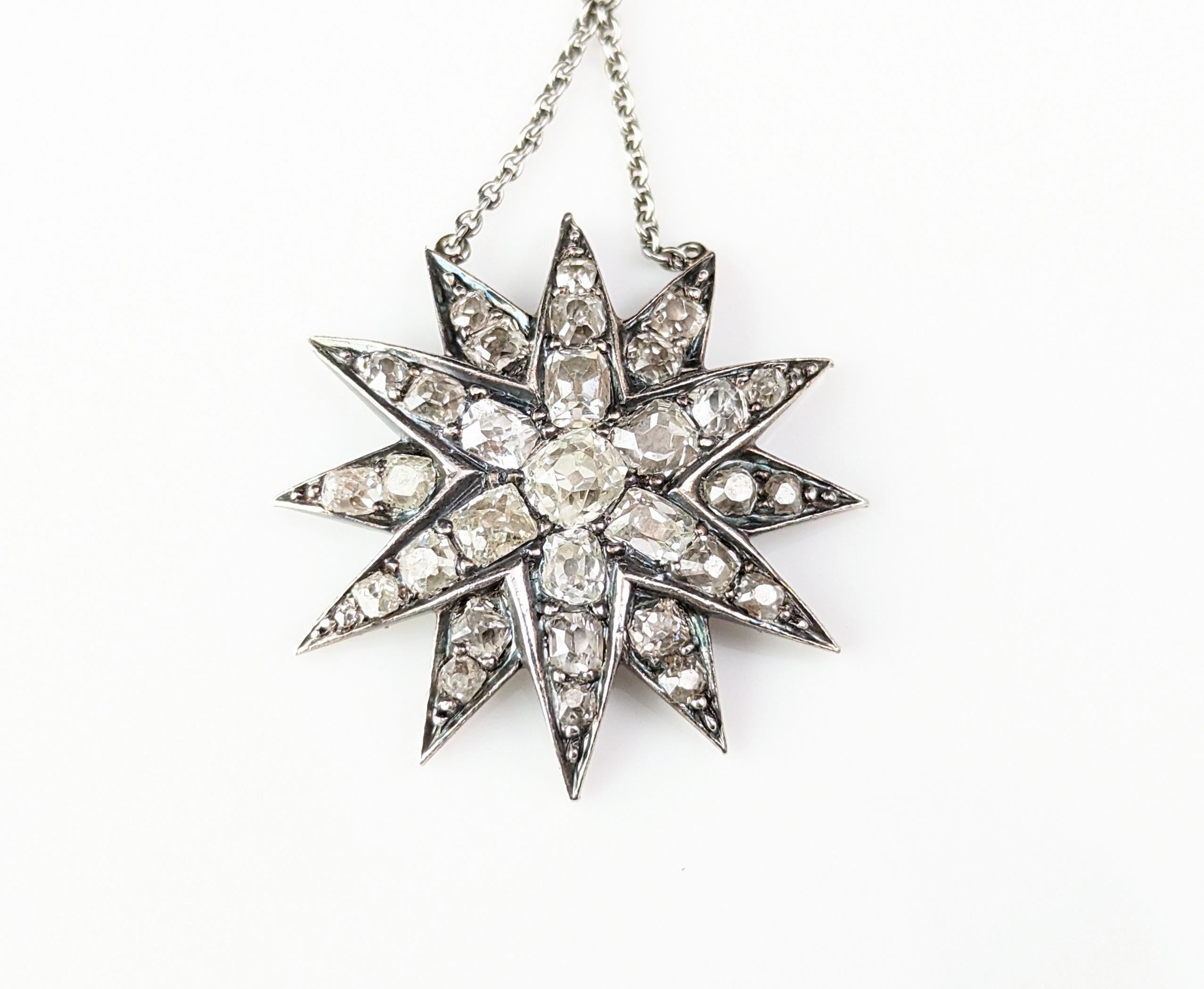 Antique Victorian Diamond star pendant, sterling silver necklace  For Sale 8