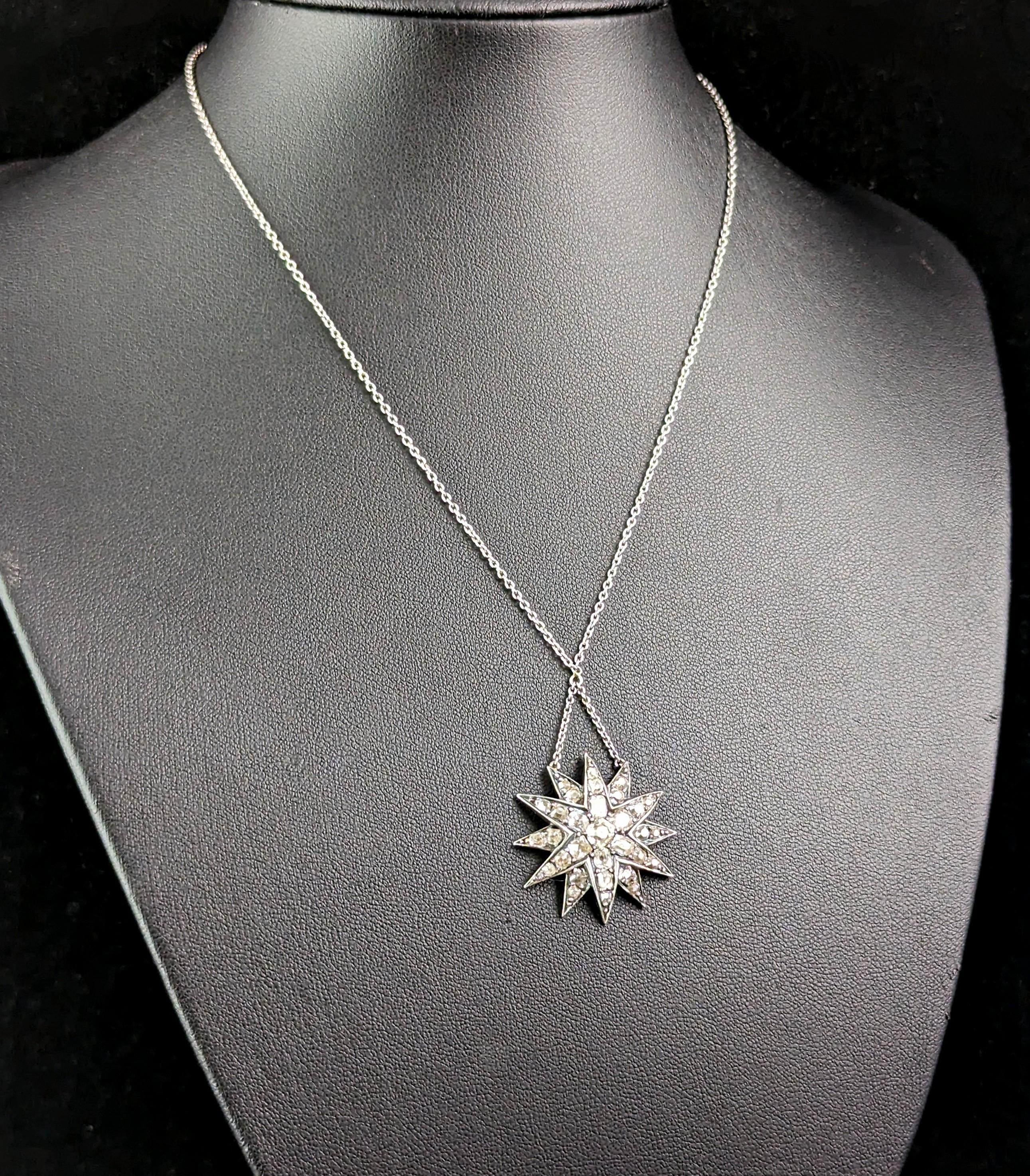 Antique Victorian Diamond star pendant, sterling silver necklace  For Sale 9