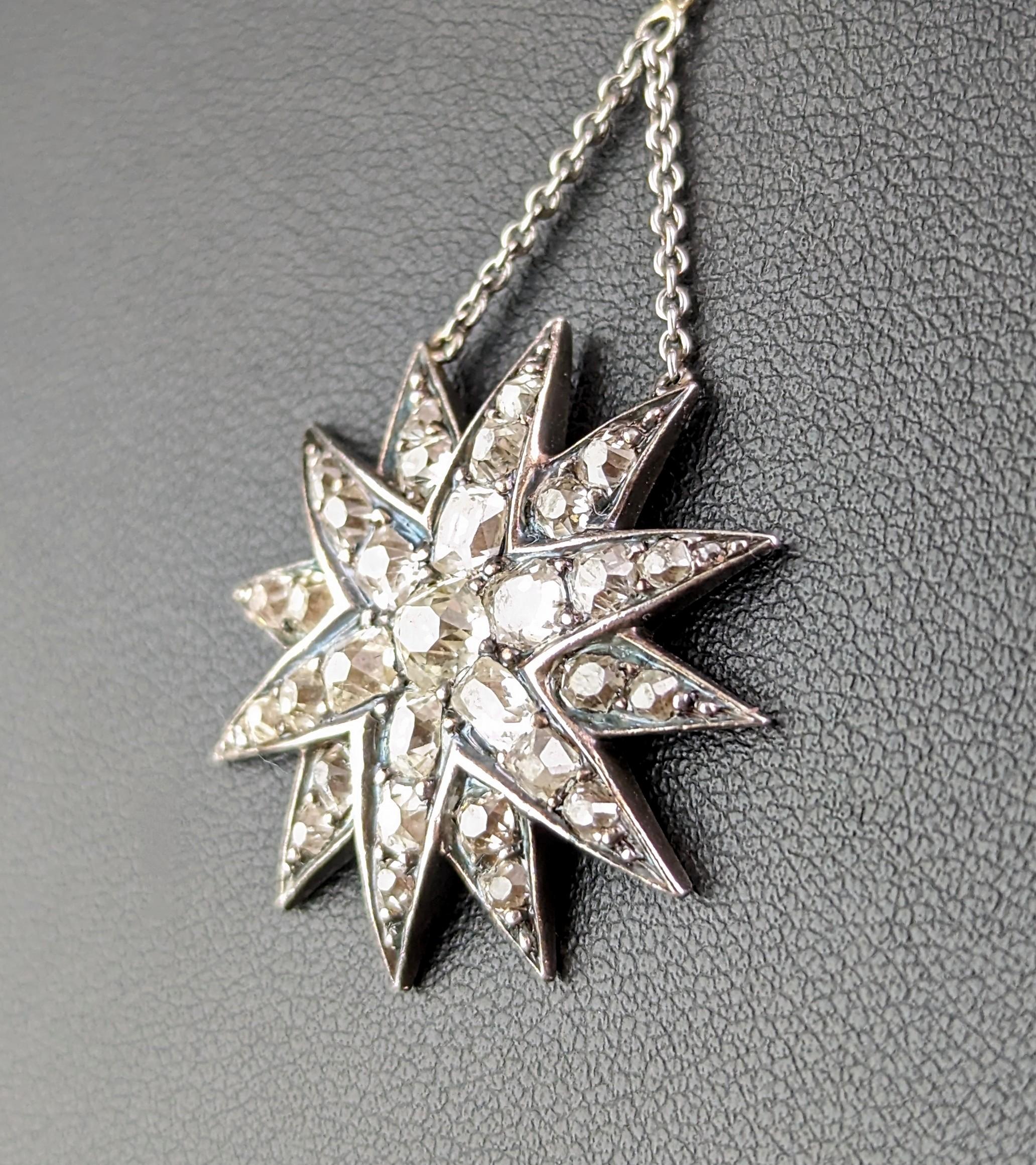 Antique Victorian Diamond star pendant, sterling silver necklace  For Sale 13