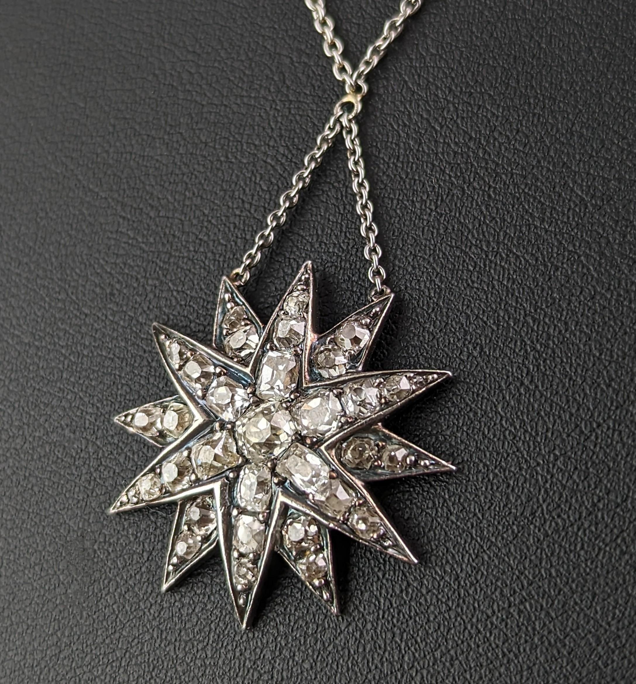 Old Mine Cut Antique Victorian Diamond star pendant, sterling silver necklace  For Sale